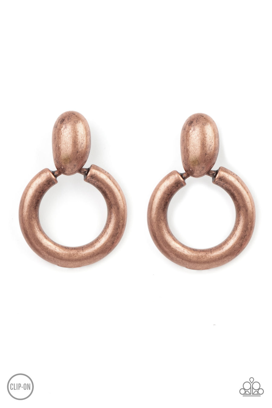 Ancient Artisan - Copper Clip-On Earrings - Paparazzi Accessories - Brushed in an antiqued shimmer, a burnished copper hoop swings from the bottom of an asymmetrical copper fitting for a handcrafted flair. Earring attaches to a standard clip-on earrings. Sold as one pair of clip-on earrings.