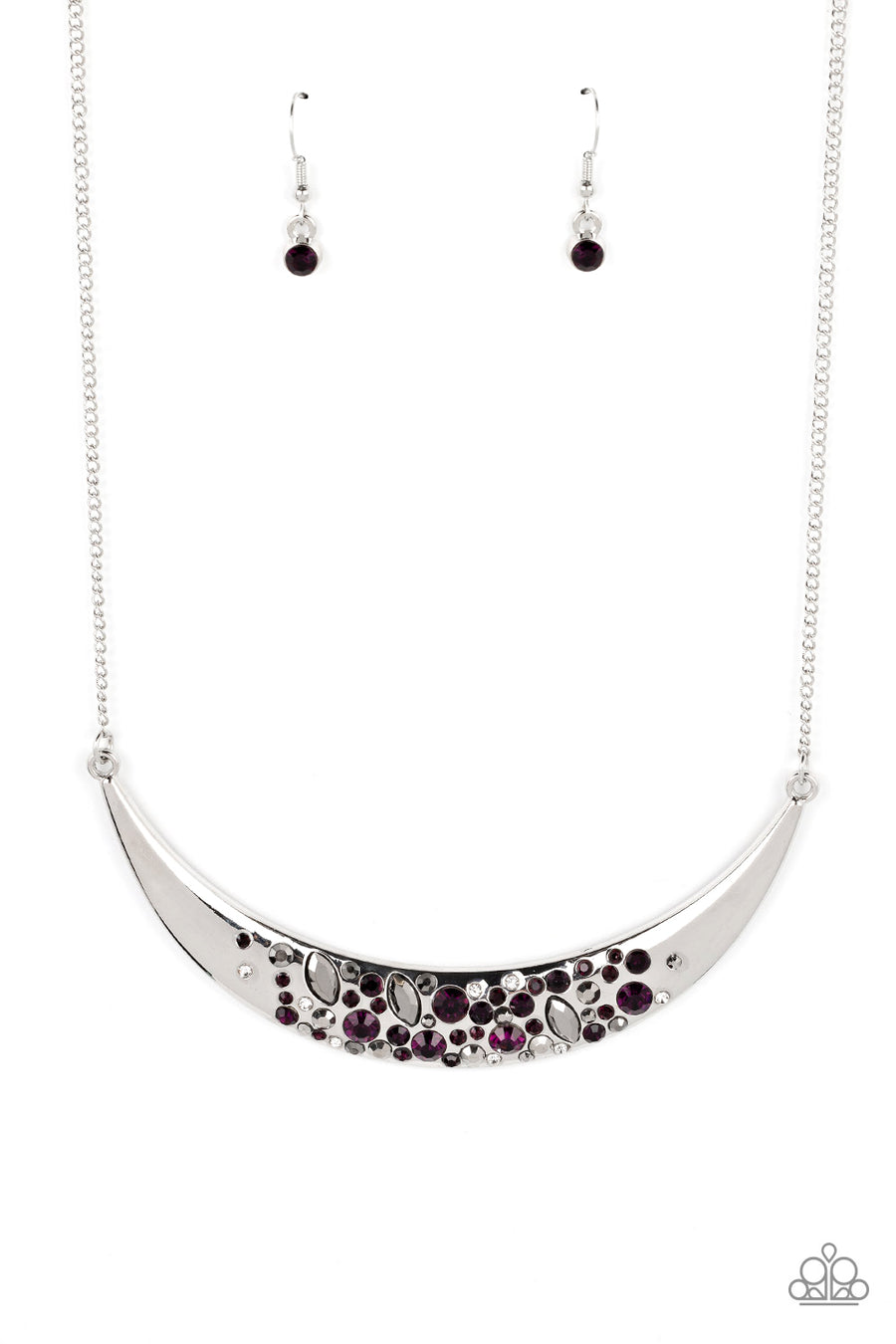 Bejeweled Baroness - Purple Necklace - Paparazzi Accessories - A stunning collection of round purple gems, smoky gems, dainty white rhinestones and marquise cut hematite shimmer across the surface of a shiny silver crescent. The bejeweled plate falls just below the collar in a dazzling finish.