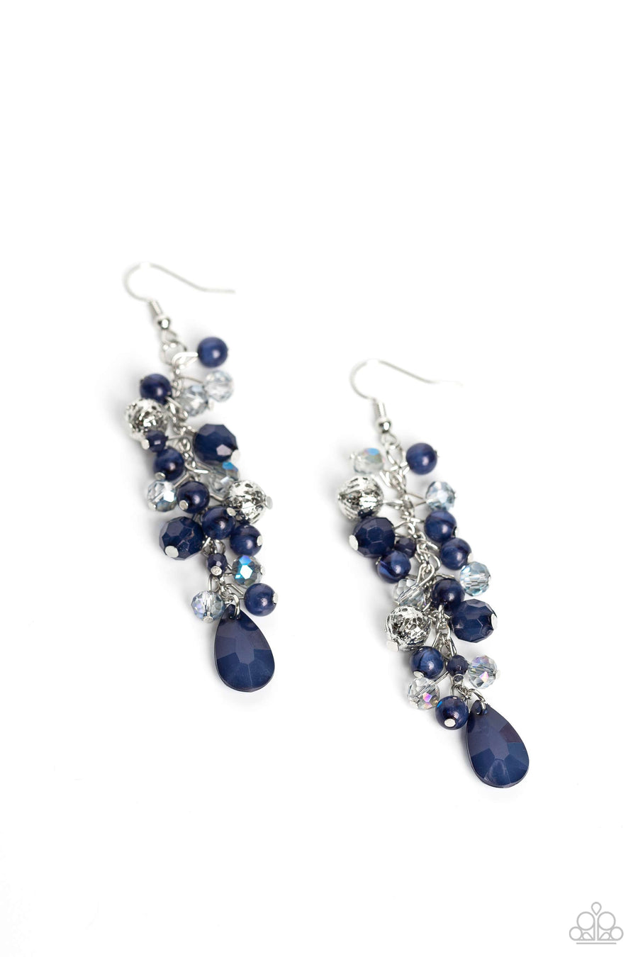 Cheeky Cascade - Blue and Silver Earrings - Paparazzi Accessories - A dainty collection of blue teardrop and round beads, textured silver accents, and faceted blue crystal-like beads trickle from a single strand of silver chain, resulting in a cheekily clustered chandelier.