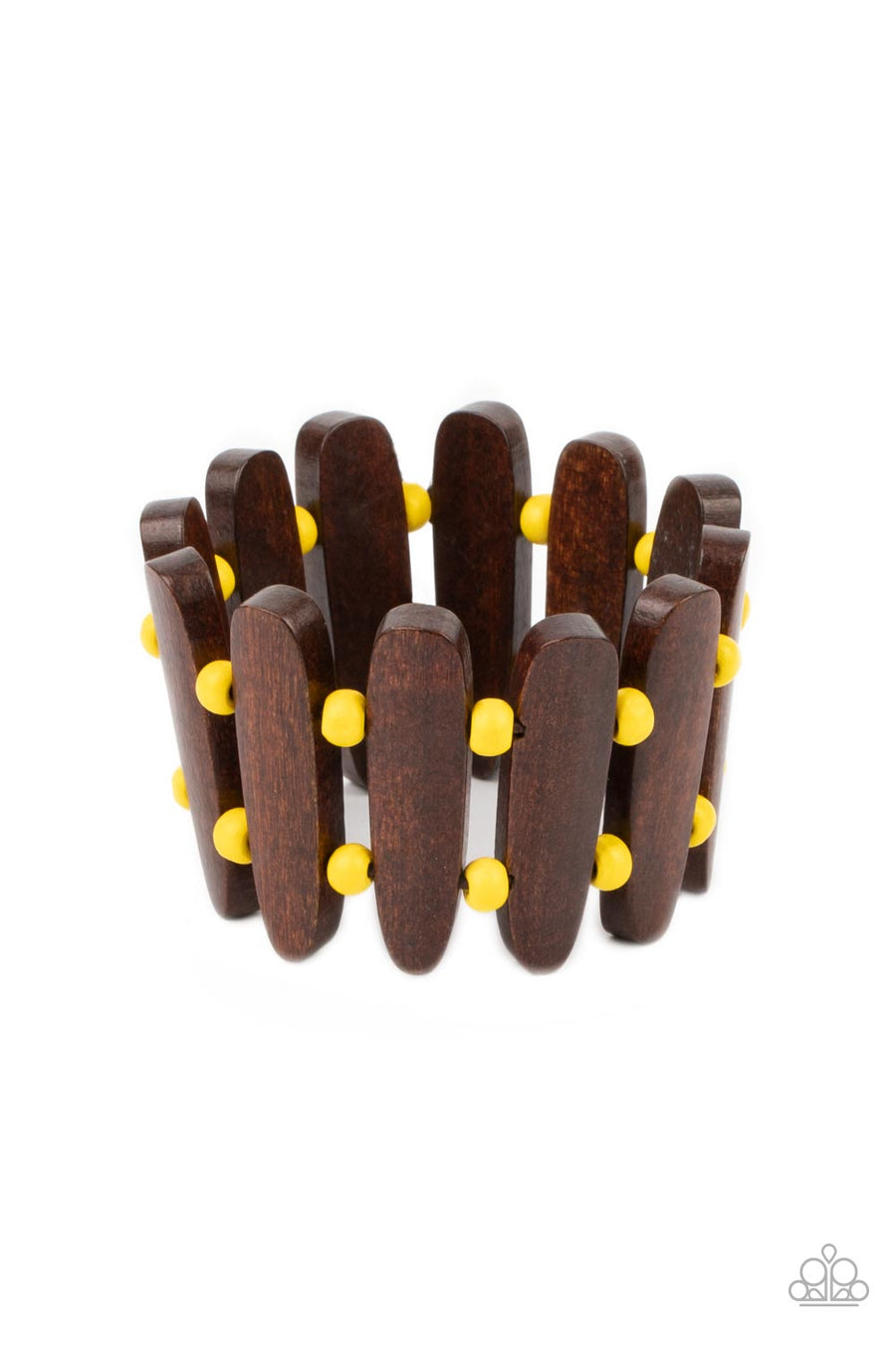 Coronado Cabana - Yellow Bracelet - Paparazzi Accessories - Pairs of sunny yellow wood beads and oblong brown wooden frames alternate along stretchy bands around the wrist for a seasonal pop of color. Sold as one individual bracelet.