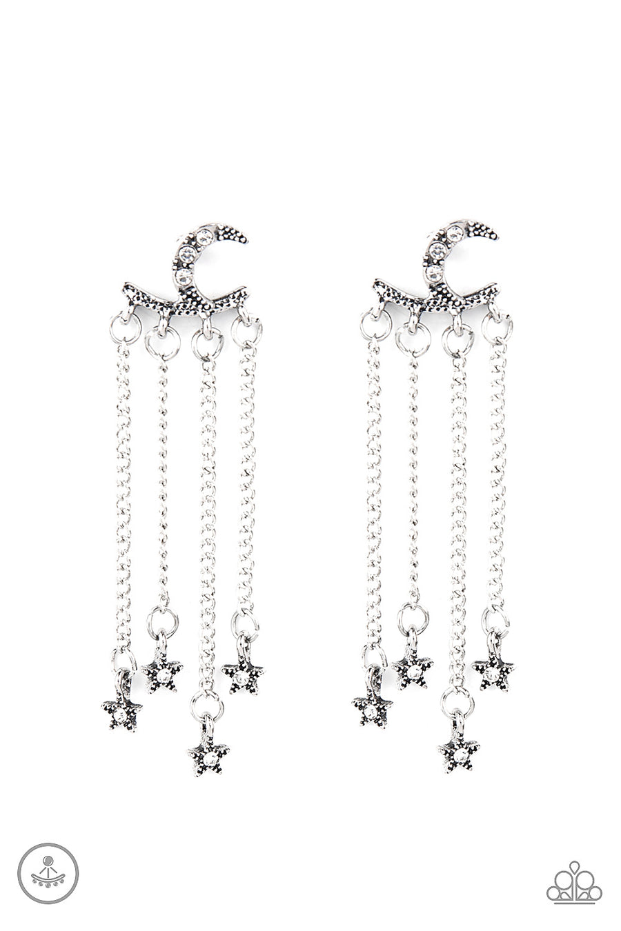 Cosmic Goddess - White and Silver Earrings - Paparazzi Accessories - Encrusted in dainty white rhinestones, a studded silver moon fitting attaches to a double-sided post designed to fasten behind the ear. Dotted in dainty white rhinestones, dainty silver stars swing from a curtain of dainty silver chains peeking out behind the ear for an eye-catching finish.