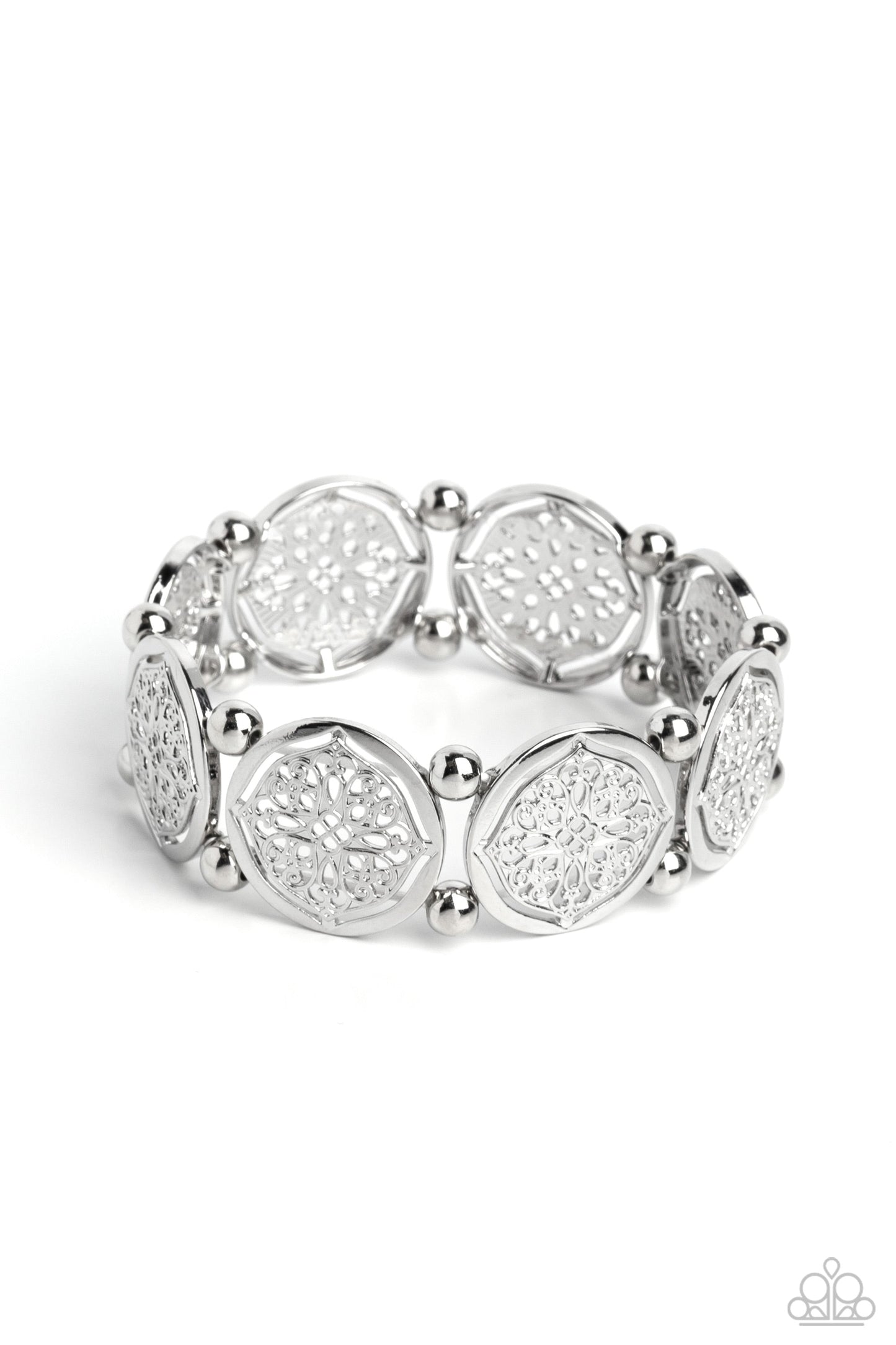 Filigree Fanfare - Silver Bracelet - Paparazzi Accessories - Filled with shiny floral-like filigree, a collection of glistening silver discs links around the wrist on a stretchy band for a whimsical fashion. Silver beads separate each floral display for additional high-sheen shimmer.