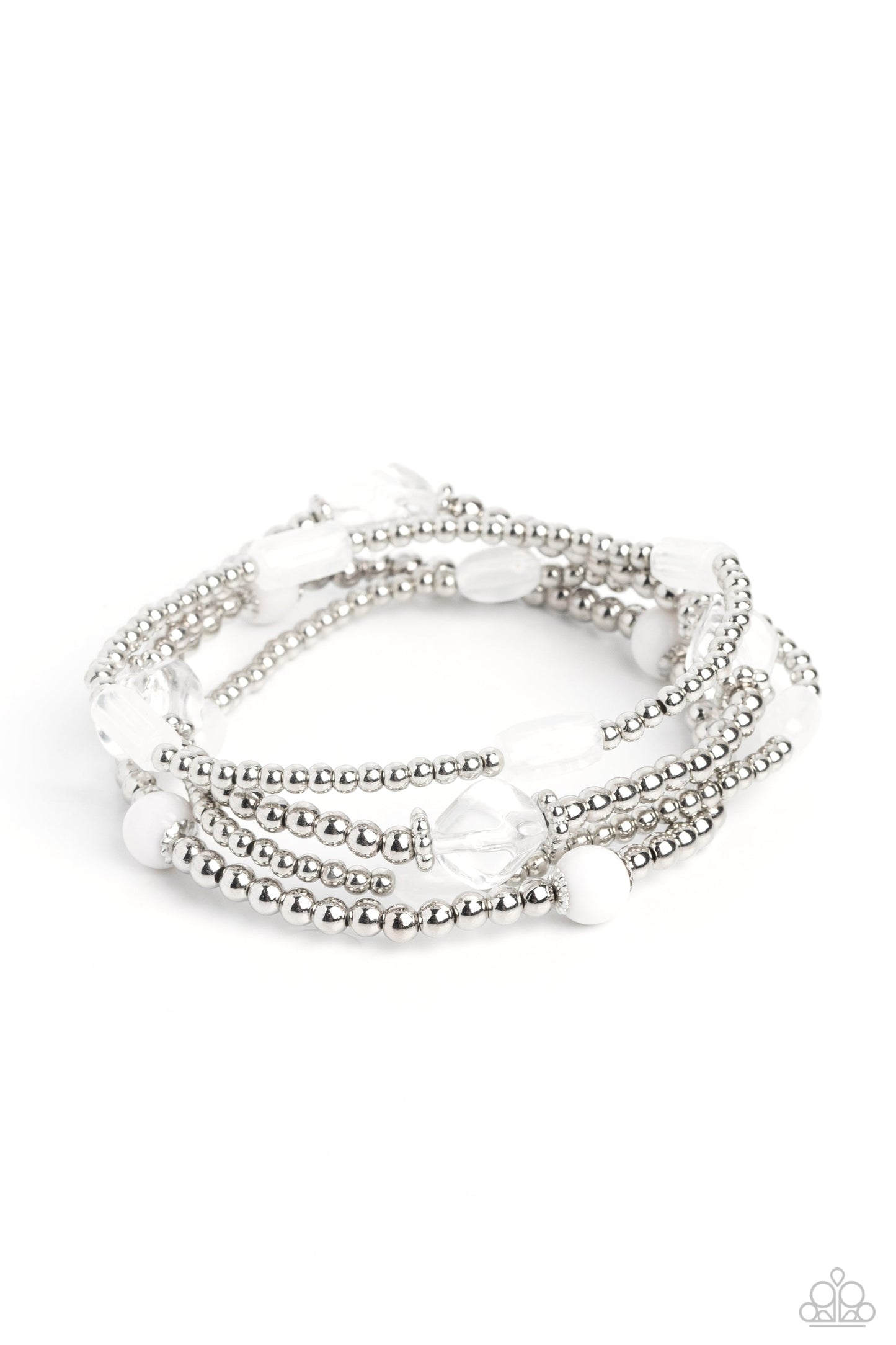 Geometric Guru - White and Silver Bracelets - Paparazzi Accessories - Dainty silver beads, silver accents, and white acrylics in milky, transparent, and solid shades wrap around the wrist on elastic stretchy bands for a colorfully geometric display. Sold as one set of four bracelets.