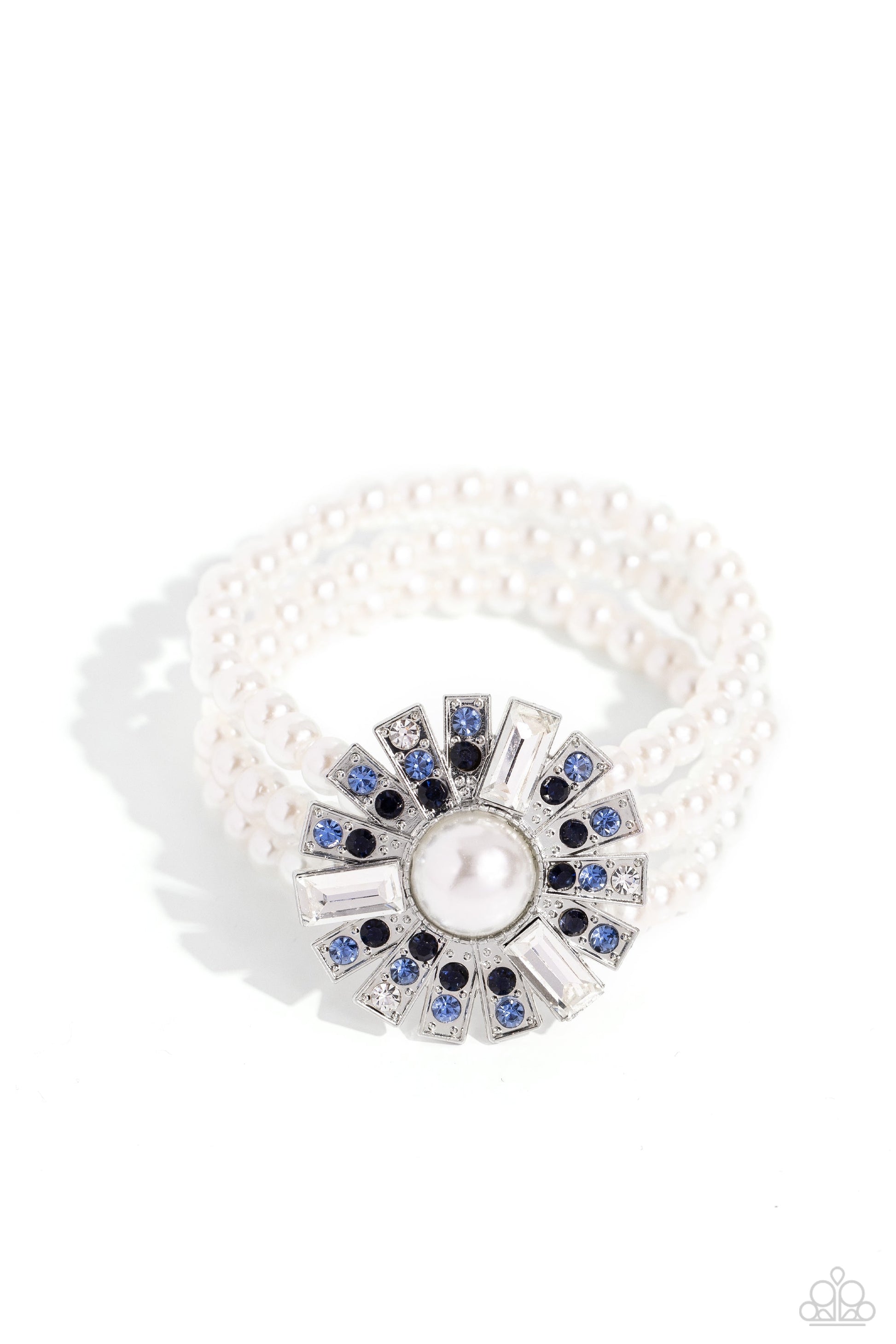 Gifted Gatsby - Blue Rhinestones and Pearl Bracelet - Three bands of pearls wrap around the wrist. Featured atop the pearly collection, sleek metal bars flare out from a mesmerizing pearl center, creating a stacked blue and white rhinestone-encrusted fringe of fanning frames. A trio of emerald-cut white gem bars are sprinkled across the dazzling display for a sassy finish.