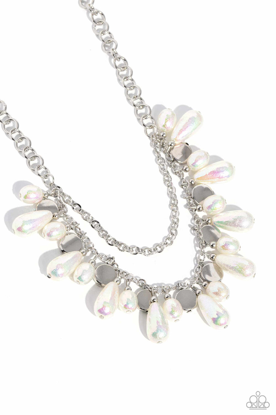 Featuring an iridescent foil-like finish, pearly white oval and teardrop beads alternate with shiny silver discs below the collar. A dainty silver chain is draped above the stellar beading, resulting in enchanting layers. 