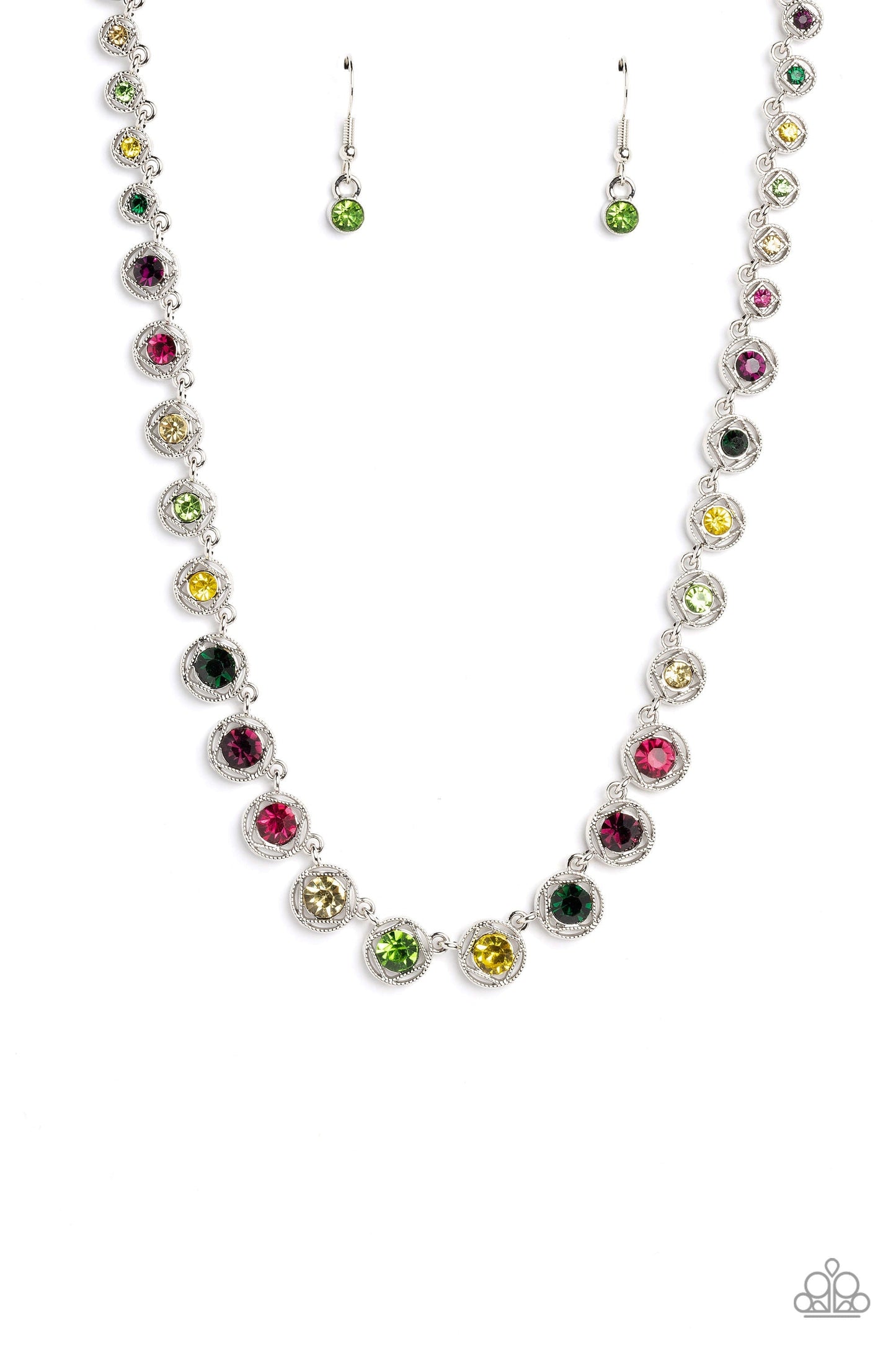 Kaleidoscope Charm - Multi Color and Silver Necklace - Paparazzi Accessories - Spanning around the entirety of the neckline, a refined collection of colorful rhinestones are pressed into airy, studded, silver square frames, tilted on their sides for a three-dimensional shimmer. The frames and rhinestones gradually increase in size as they fall down the neckline, accentuating their colorful sparkle.