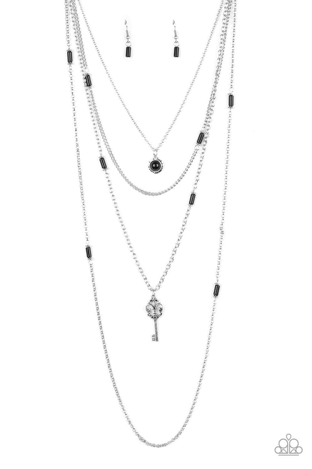 Key Keynote - Black and Silver Necklace - Paparazzi Accessories - Featuring shiny black and dainty silver accents, a black beaded pendant gives way to a shimmery silver key for a whimsically layered look.