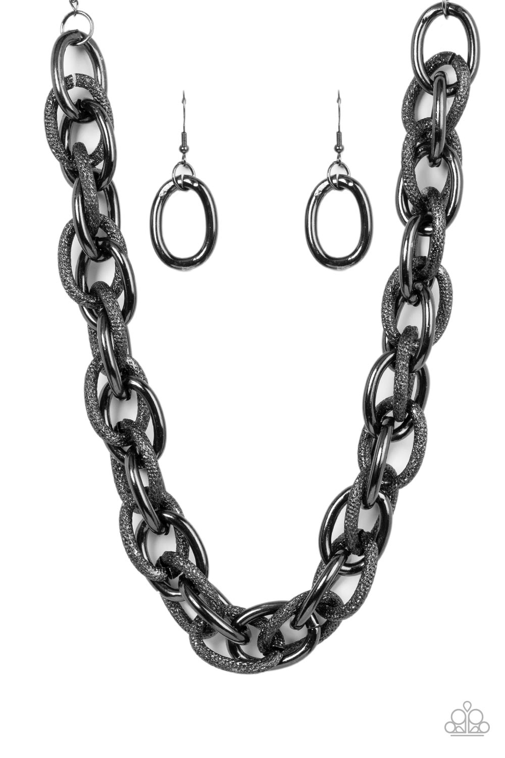 License to Chill - Gunmetal Black Necklace - Paparazzi Accessories - Featuring smooth and glitzy textured finishes, two oversized gunmetal chains interlock into a single chain below the collar for an intense industrial display.