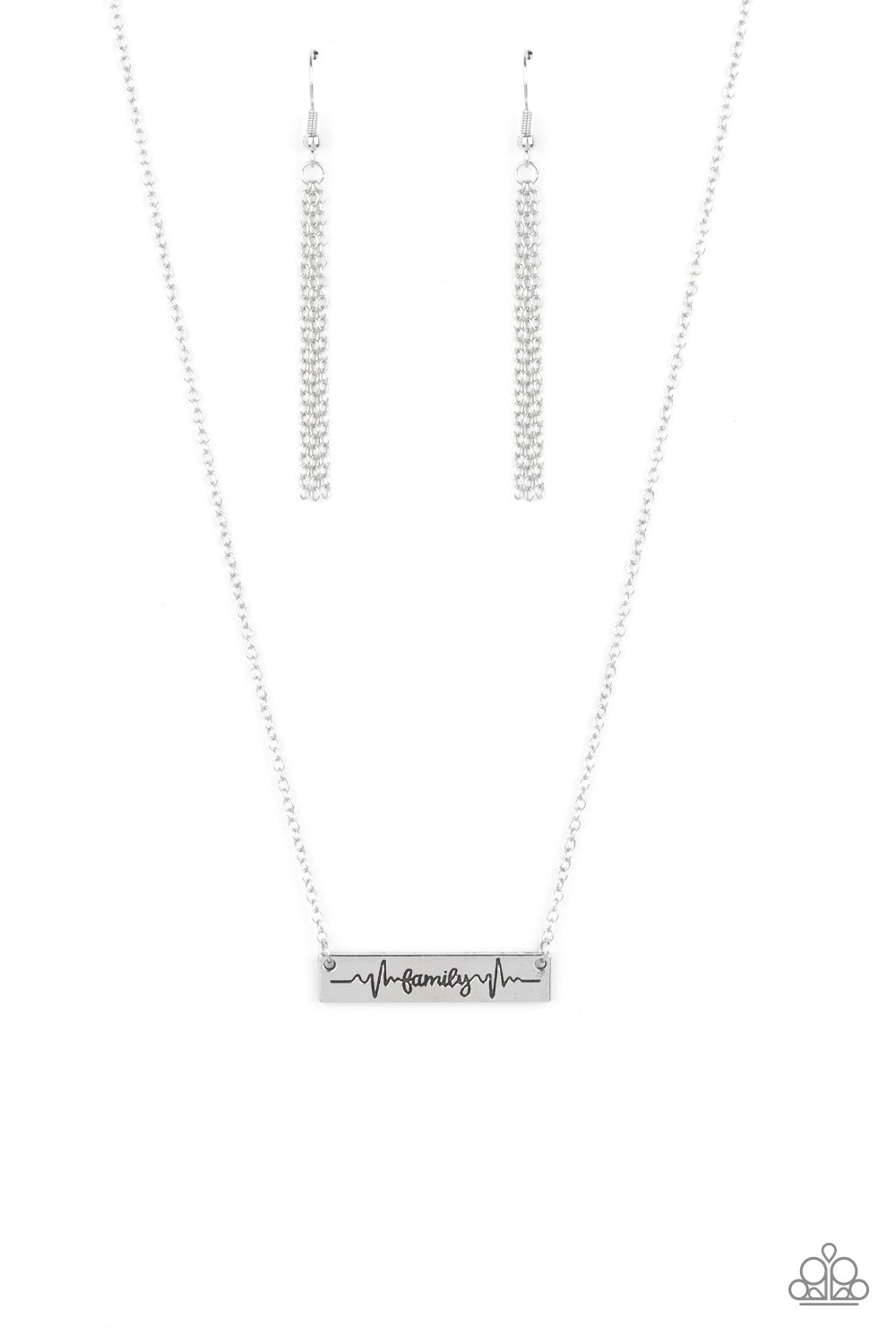 Living The Mom Life - Silver Necklace - Paparazzi Accessories - The word "Family," is inscribed between symbolic life lines on a rectangular silver plate creating an affectionate keepsake on a dainty silver chain below the collar. Features an adjustable clasp closure.