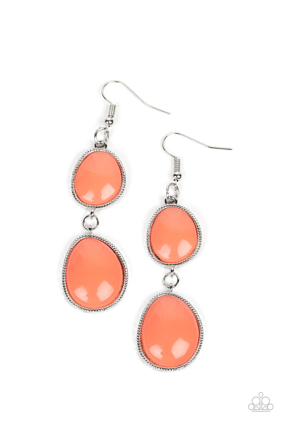 Mediterranean Myth - Orange Earrings - Paparazzi Accessories - Set in textured silver frames, two asymmetrical coral beads link into a colorful lure for a summery fashion. 