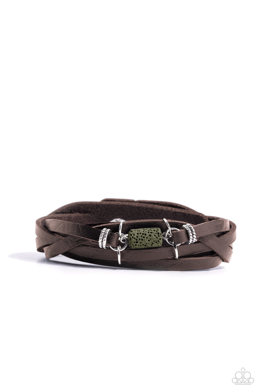 Metamorphic Monument - Green Bracelet - Paparazzi Accessories - Held together by textured and smooth silver rings, braided brown leather strands are adorned with an Olive Branch lava rock centerpiece for an earthy finish.