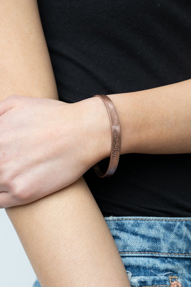 Sweetly Named - Copper Bracelet - Paparazzi Accessories - A dainty copper cuff is stamped in a heart and the word, "Mother," creating a rustic sentimental centerpiece around the wrist.