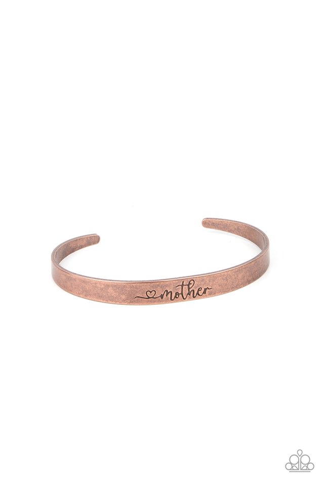 Sweetly Named - Copper Bracelet - Paparazzi Accessories - A dainty copper cuff is stamped in a heart and the word, "Mother," creating a rustic sentimental centerpiece around the wrist.