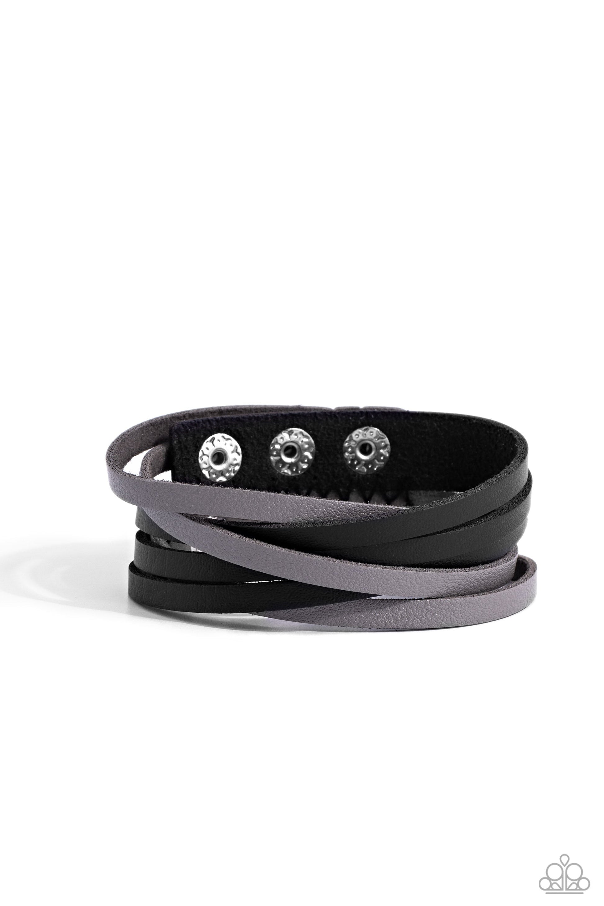 Not SEW Fast - Black and Gray Leather Urban Bracelet - Paparazzi Accessories - Sewn together with zigzagging black stitches, gray and black leather bands interweave across the wrist for an edgy layered look. Features an adjustable snap closure.