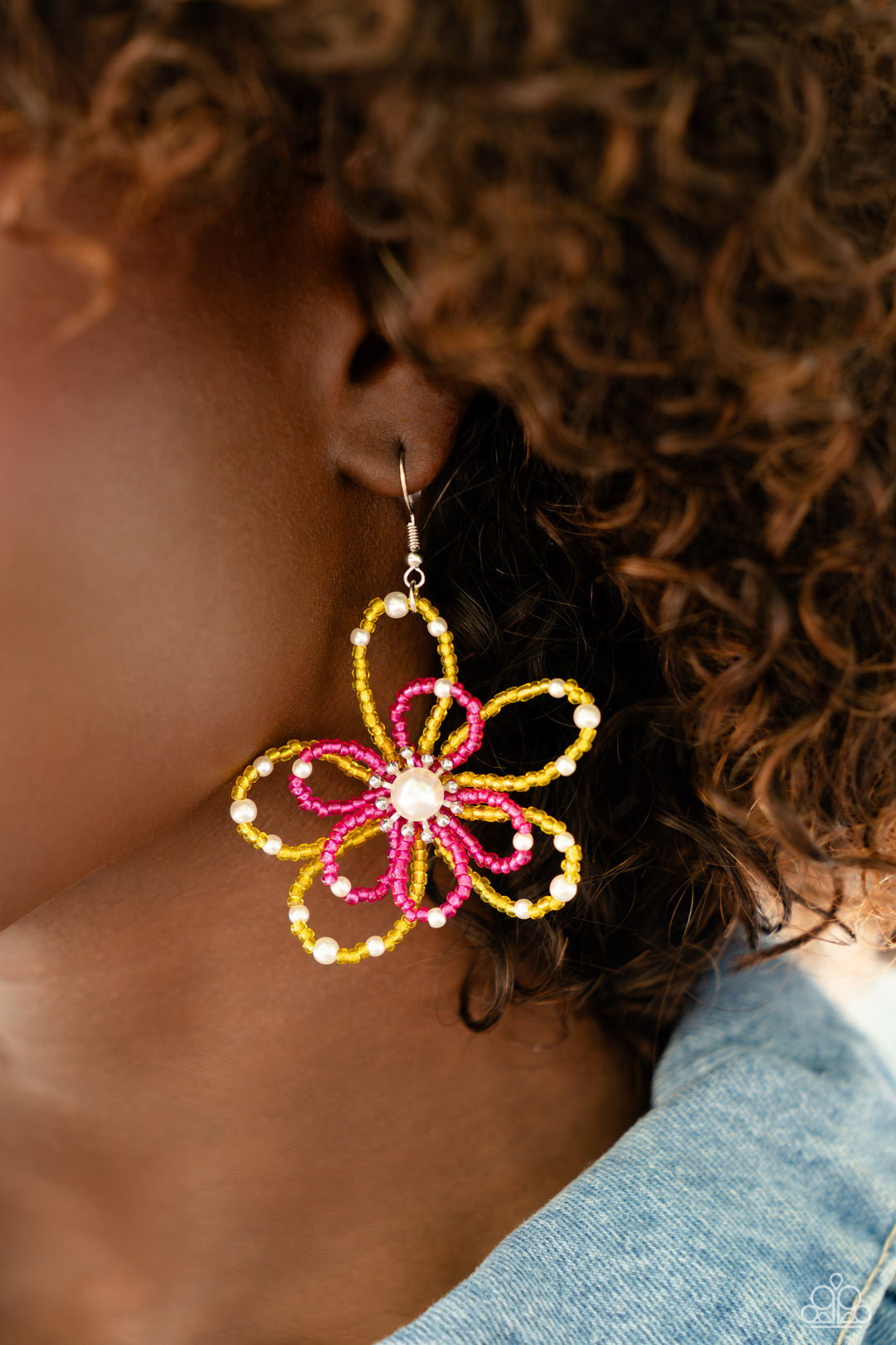 PEARL Crush - Yellow Seed Bead Earrings - Paparazzi Accessories - A glossy white pearl blooms from the center of a layered Pink Peacock and High Visibility glassy seed bead flower, infused with additional dainty white pearls, creating a colorful floral frame. Earring attaches to a standard fishhook fitting. Sold as one pair of earrings.