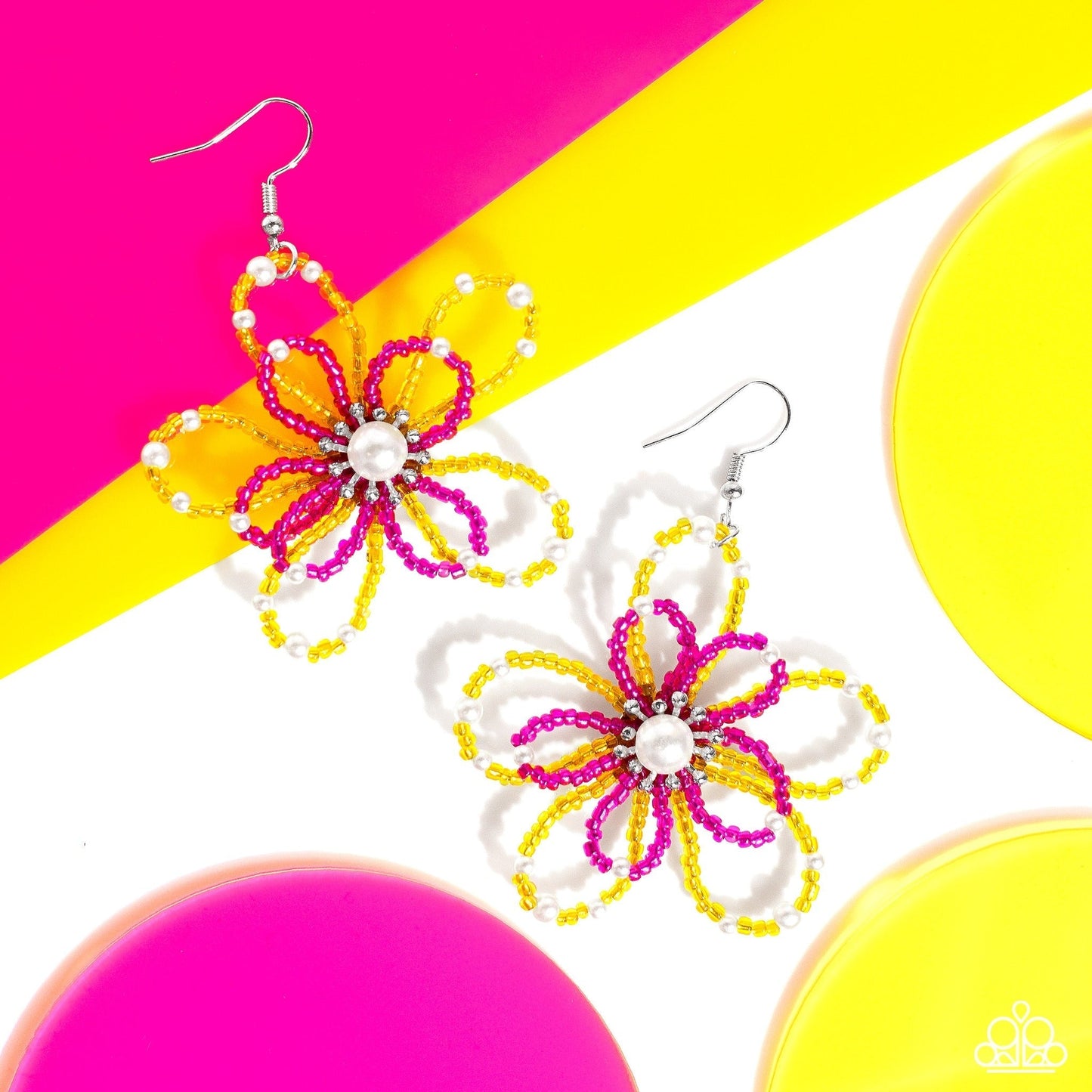 PEARL Crush - Yellow Seed Bead Earrings - Paparazzi Accessories - A glossy white pearl blooms from the center of a layered Pink Peacock and High Visibility glassy seed bead flower, infused with additional dainty white pearls, creating a colorful floral frame. Earring attaches to a standard fishhook fitting. Sold as one pair of earrings.