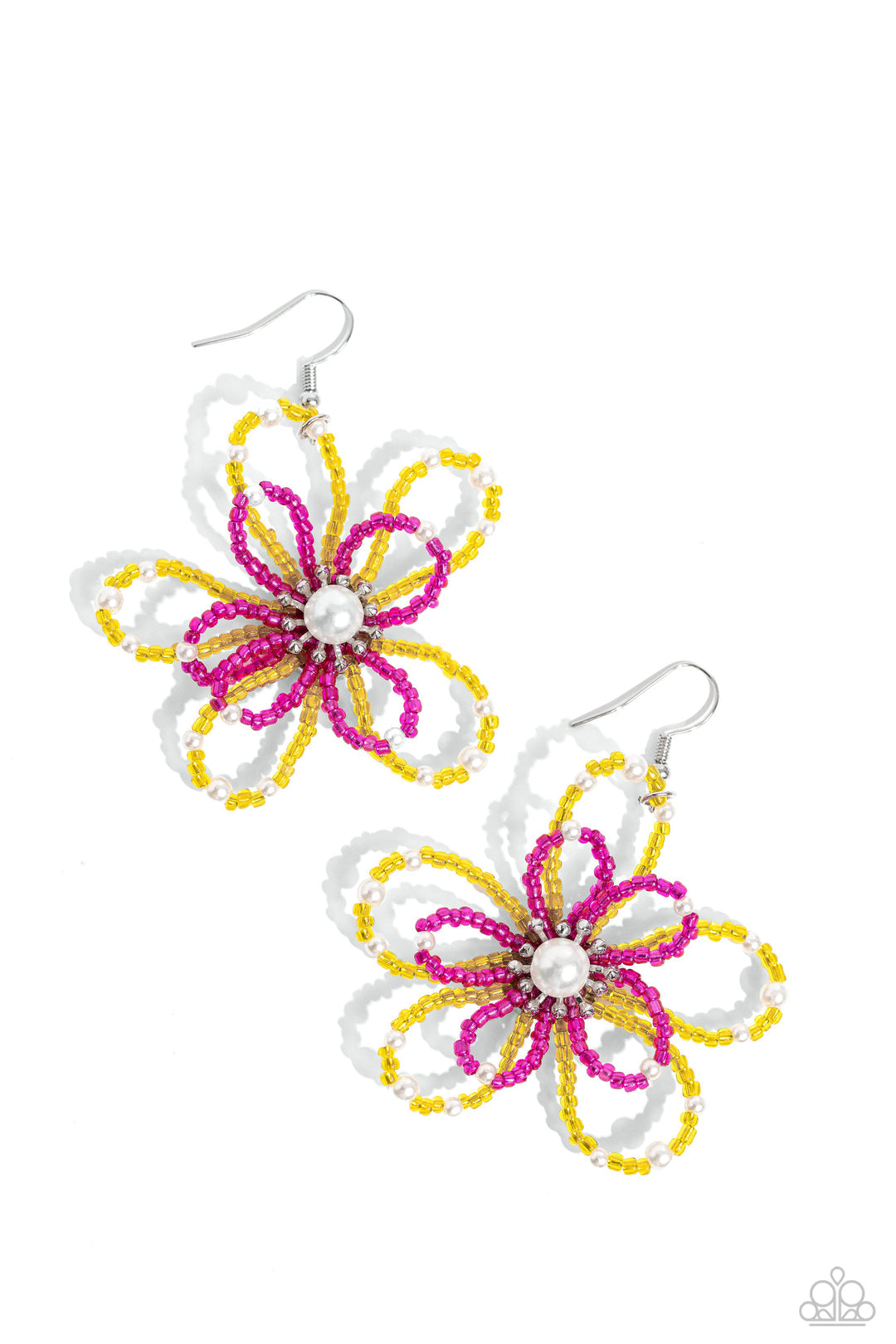 PEARL Crush - Yellow Seed Bead Earrings - Paparazzi Accessories - A glossy white pearl blooms from the center of a layered Pink Peacock and High Visibility glassy seed bead flower, infused with additional dainty white pearls, creating a colorful floral frame. Earring attaches to a standard fishhook fitting. Sold as one pair of earrings.