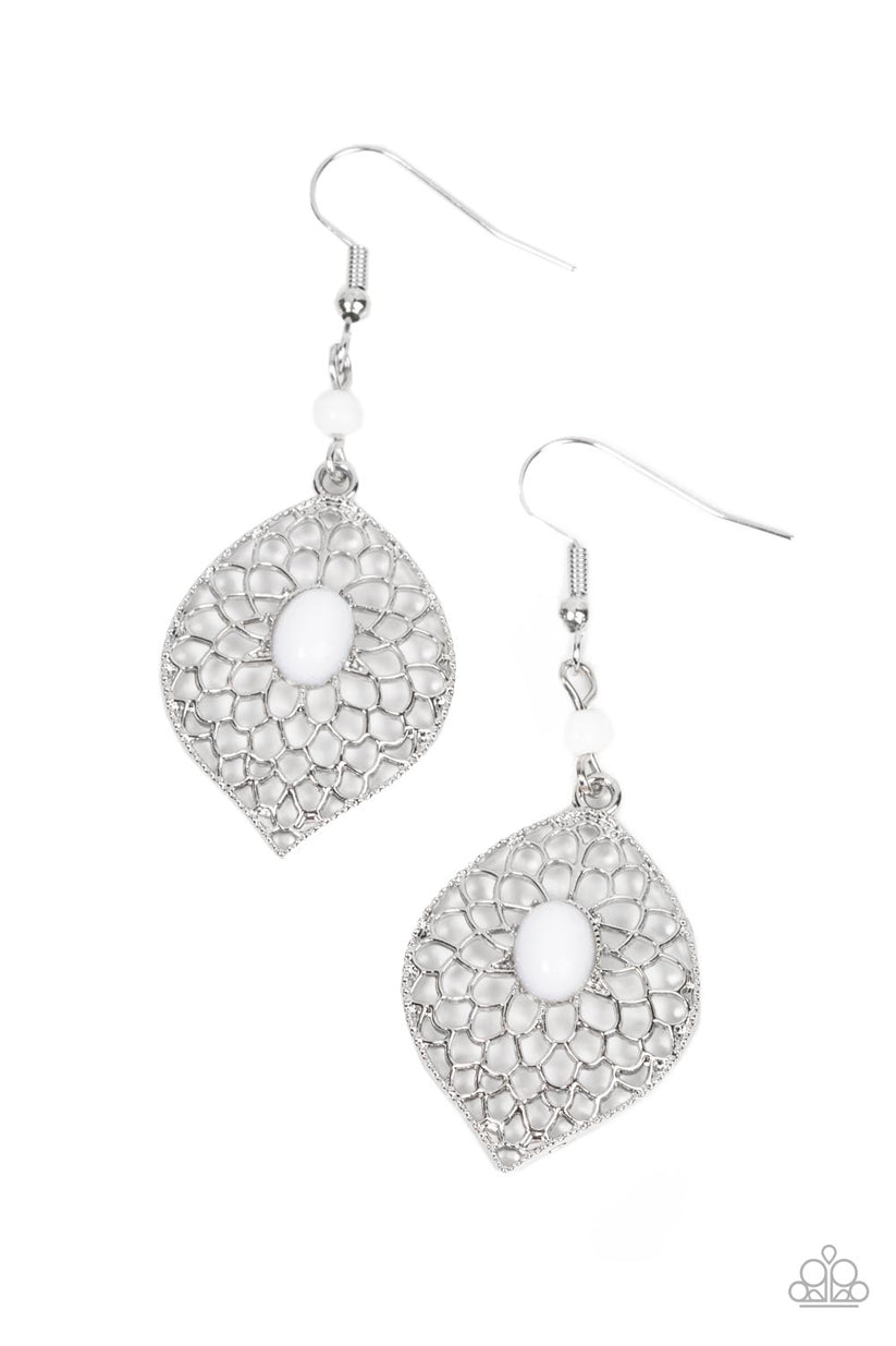 Perky Perennial - White and Silver Earrings - Paparazzi Accessories - Airy silver petals bloom from an oval white beaded center at the bottom of a solitaire white bead, resulting in a whimsical floral lure. Earring attaches to a standard fishhook fitting. Sold as one pair of earrings.