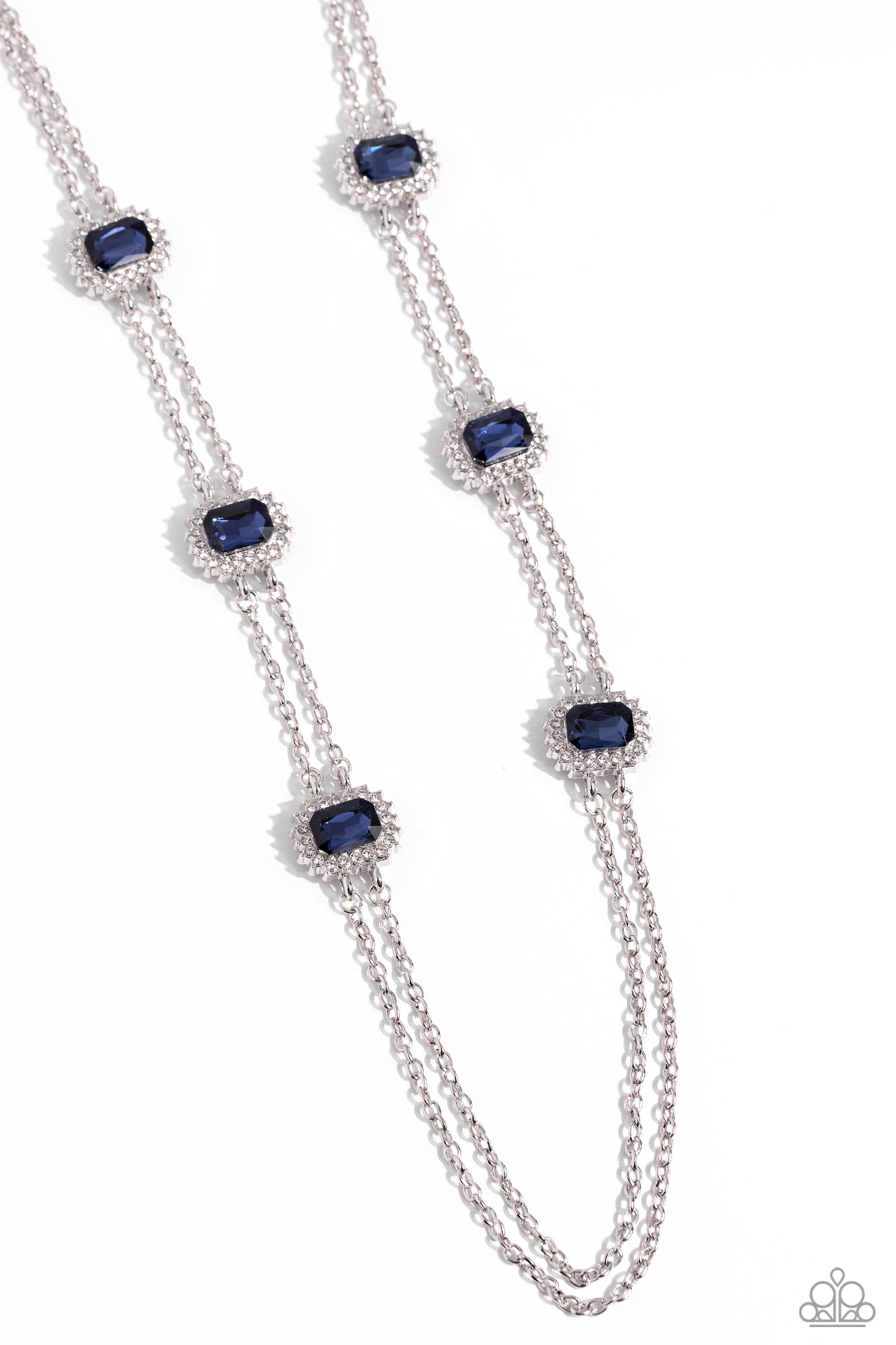 Pocketful of Sunshine - Blue and Silver Necklace - Paparazzi Accessories - Pressed in sunburst-like, rhinestone-encrusted pronged silver fittings, a collection of emerald-cut blue gems are infused between a double-strand of silver chains for a standout statement.