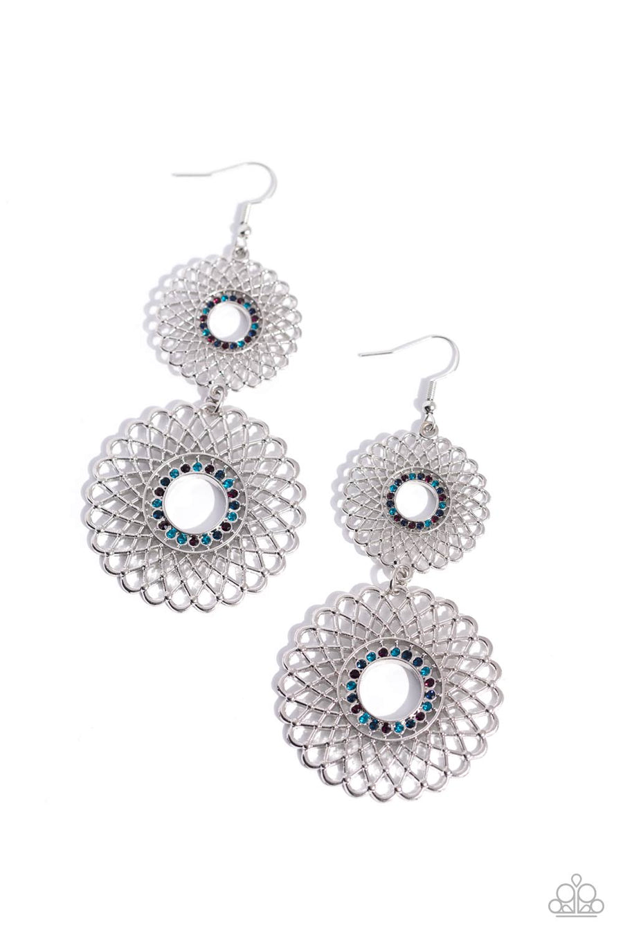 Regal Roulette - Mutli Earrings - Paparazzi Accessories - Airy silver petals infinitely overlap into two dizzying silver floral medallions. Rings of dainty multicolored rhinestones adorn the center, adding a dash of dazzle.