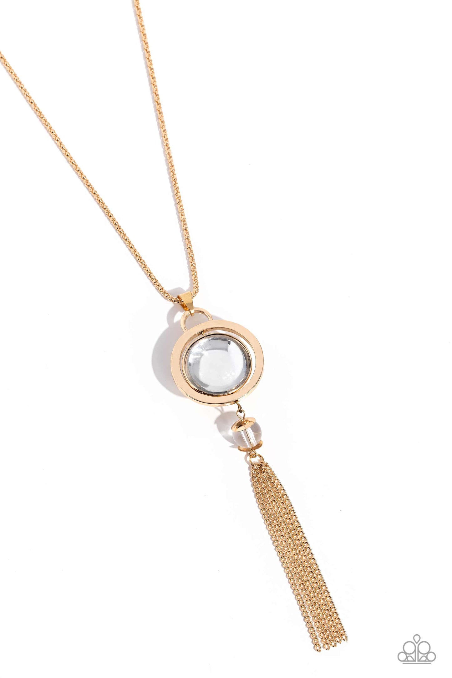 Rotating Radiance - Gold Fashion Necklace - Paparazzi Accessories - Falling along an elongated, gold box chain, an oversized clear sphere effortlessly spins on its axis inside a high-sheen gold circular frame. A smaller clear acrylic sphere bordered by gold discs sports a glistening gold tassel at its bottom for eye-catching shimmer and movement.