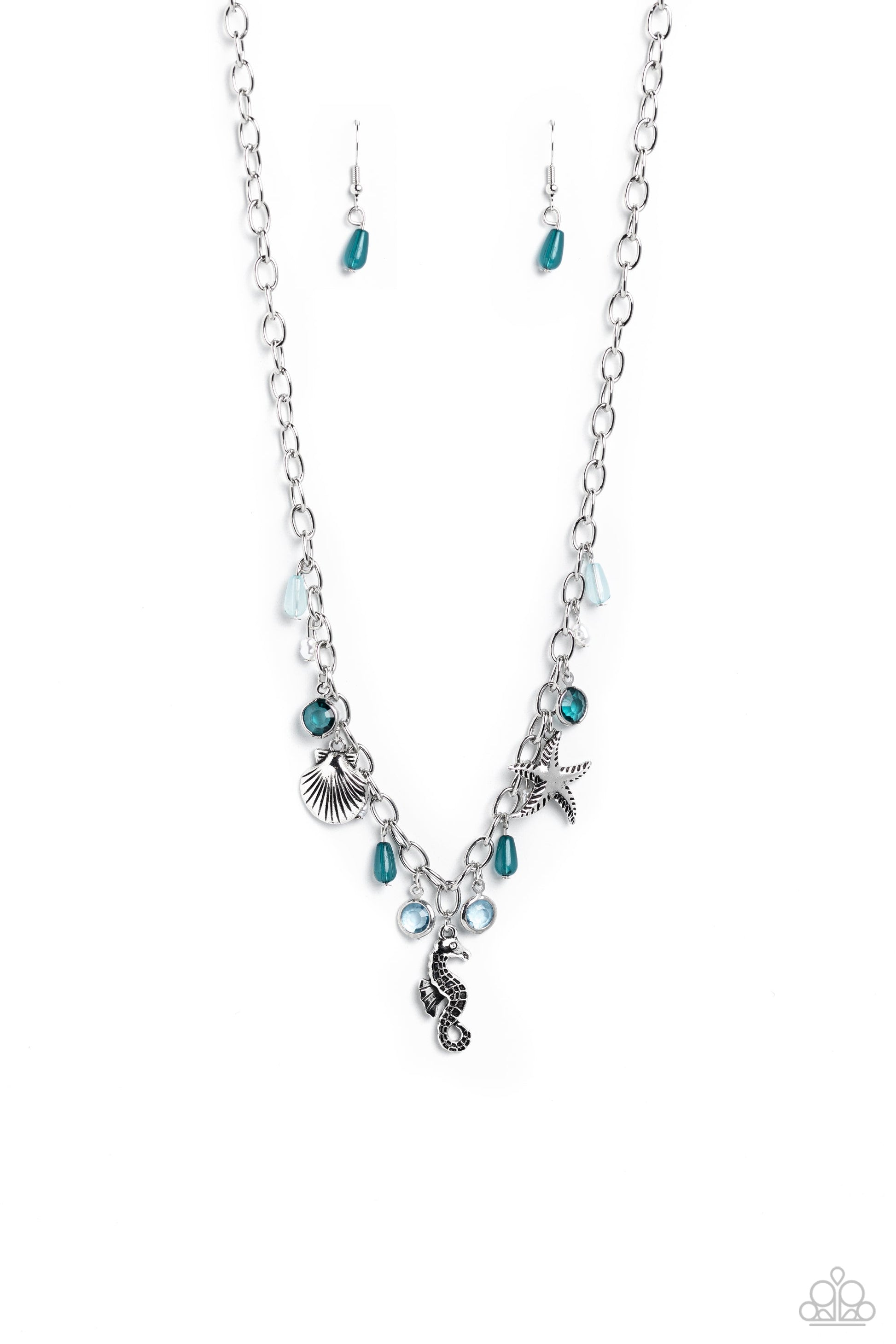 Seahorse Season - Blue and Silver Necklace - Paparazzi Accessories - Dainty baroque pearls, clear Harbor Blue and Waterspout faceted beads in silver frames, intricate silver seahorse, starfish, and sea scallop seashell charms, and milky Harbor Blue and Waterspout teardrop beads swing from a silver link chain, creating a beachy fringe below the collar. Features an adjustable clasp closure. Sold as one individual necklace.