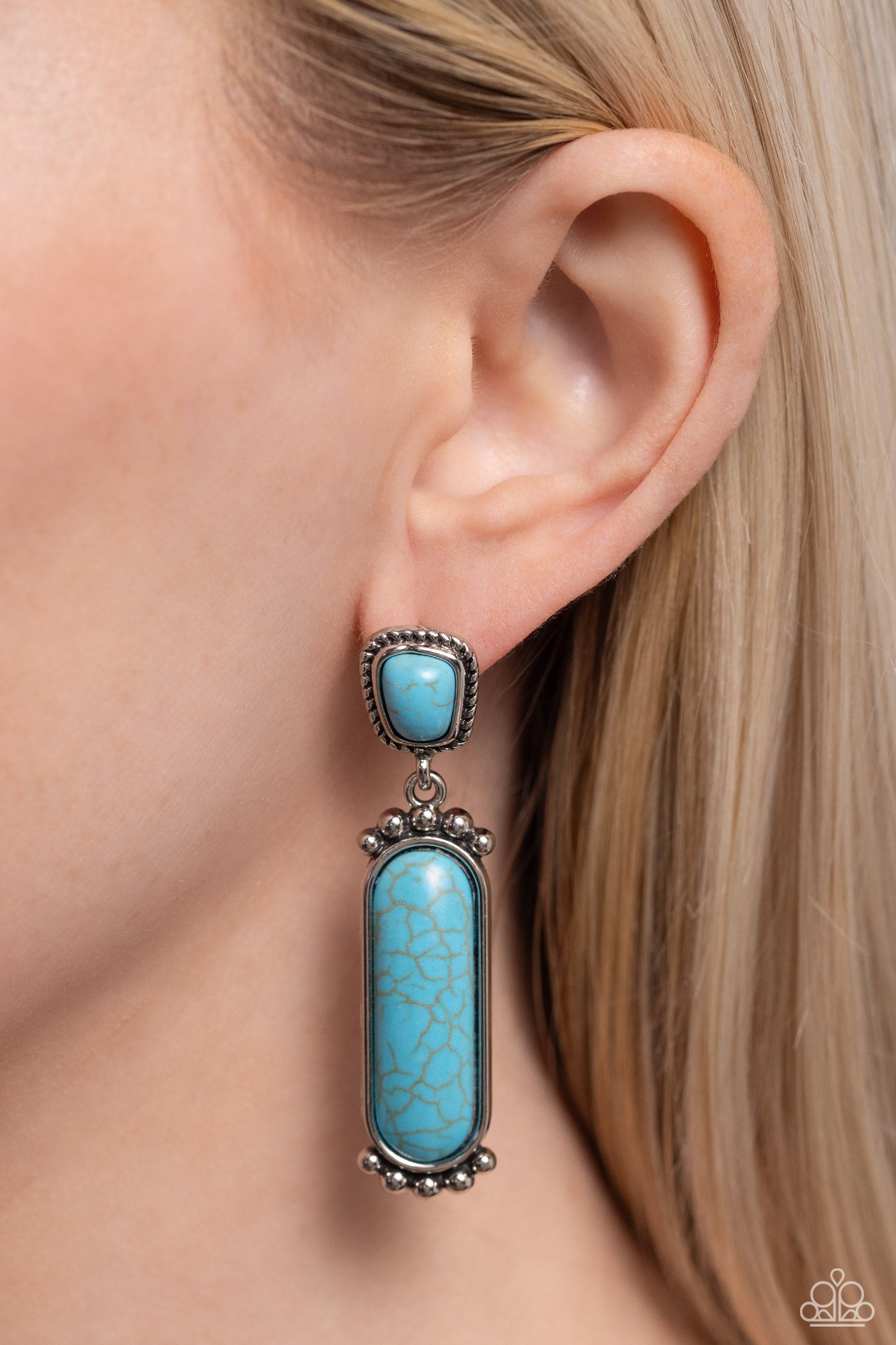 Southern Charm - Blue Turquoise Earrings - Paparazzi Accessories - Bordered in a silver rope-like frame, an asymmetrical turquoise stone links with an oversized oval turquoise stone encased in a pronged silver frame for an authentic southwestern inspired style.