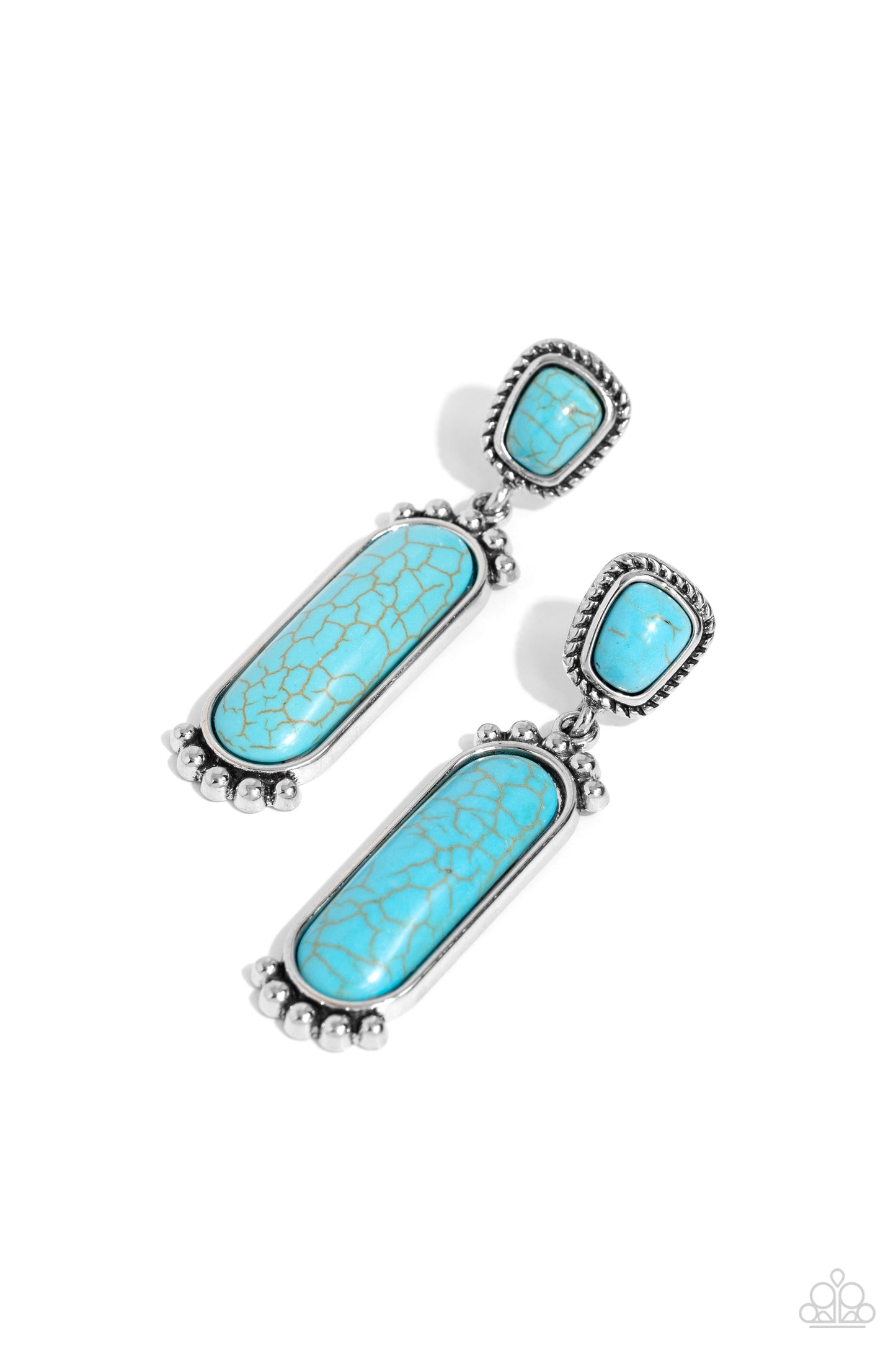 Southern Charm - Blue Turquoise Earrings - Paparazzi Accessories - Bordered in a silver rope-like frame, an asymmetrical turquoise stone links with an oversized oval turquoise stone encased in a pronged silver frame for an authentic southwestern inspired style.