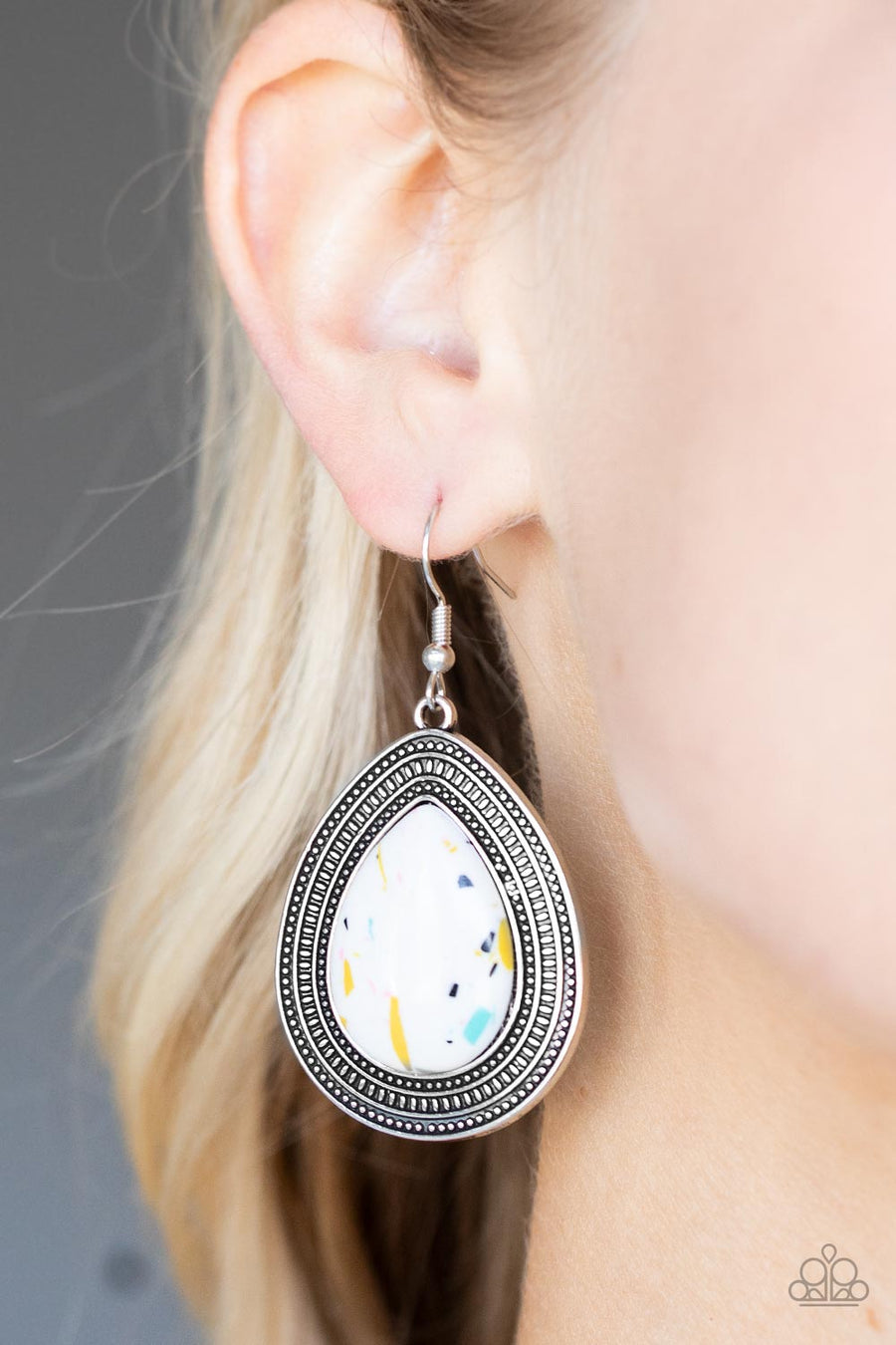 Terrazzo Tundra - Multi Earrings - Paparazzi Accessories - Featuring a colorful terrazzo pattern, a white teardrop stone is pressed into the center of a silver frame studded and embossed in borders of tribal inspired textures.