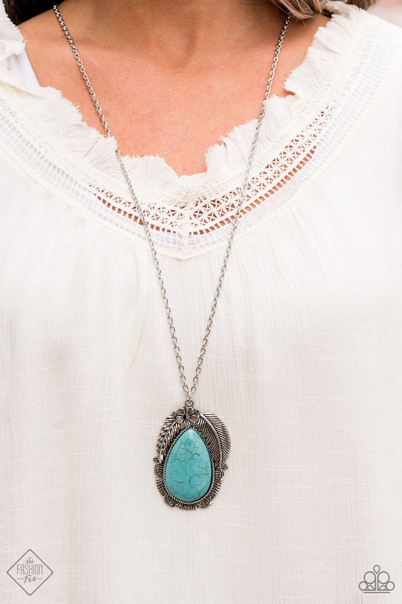 Tropical Mirage - Blue Turquoise Necklace - Paparazzi Accessories - A silver feather, palm leaf, and dainty silver flower overlap atop an oversized turquoise stone teardrop that is nestled inside a textured scalloped frame, creating a refreshing pop of color at the bottom of a lengthened silver chain.