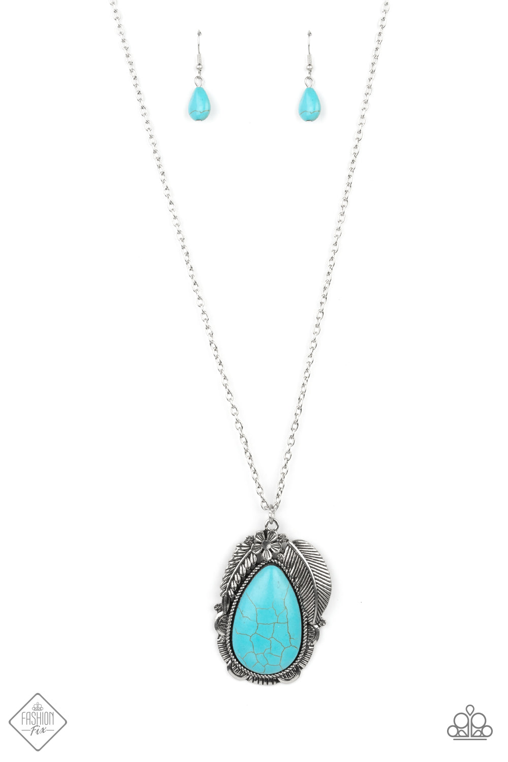 Tropical Mirage - Blue Turquoise Necklace - Paparazzi Accessories - A silver feather, palm leaf, and dainty silver flower overlap atop an oversized turquoise stone teardrop that is nestled inside a textured scalloped frame, creating a refreshing pop of color at the bottom of a lengthened silver chain.