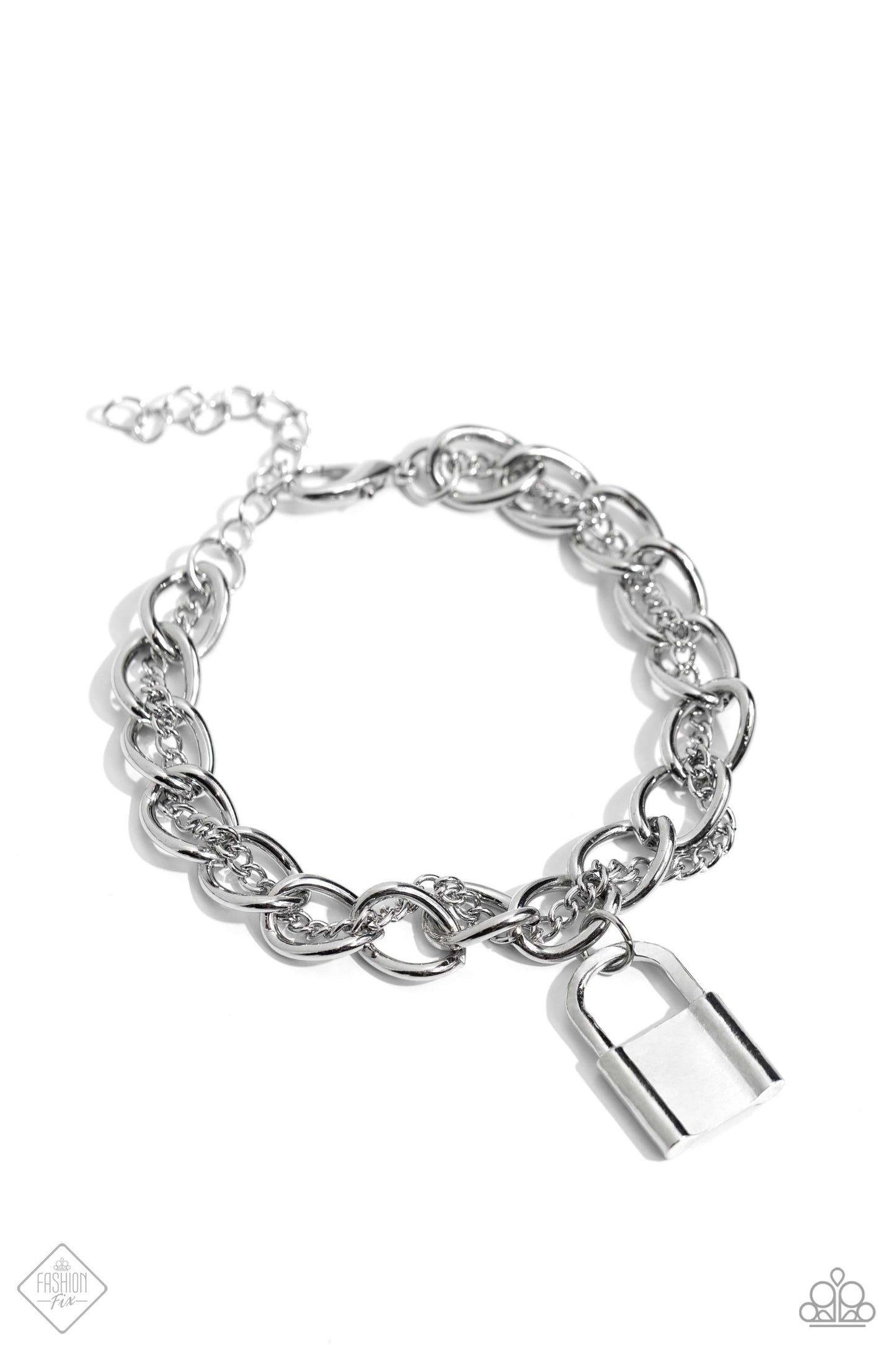 Watch the LOCK - Silver Chain Bracelet - Paparazzi Accessories - A strand of rounded silver curb chain is infused with a strand of classic silver chain that twists and curves around and through its high-sheen links. A silver lock charm dangles from the mismatched chains for an edgy finish.