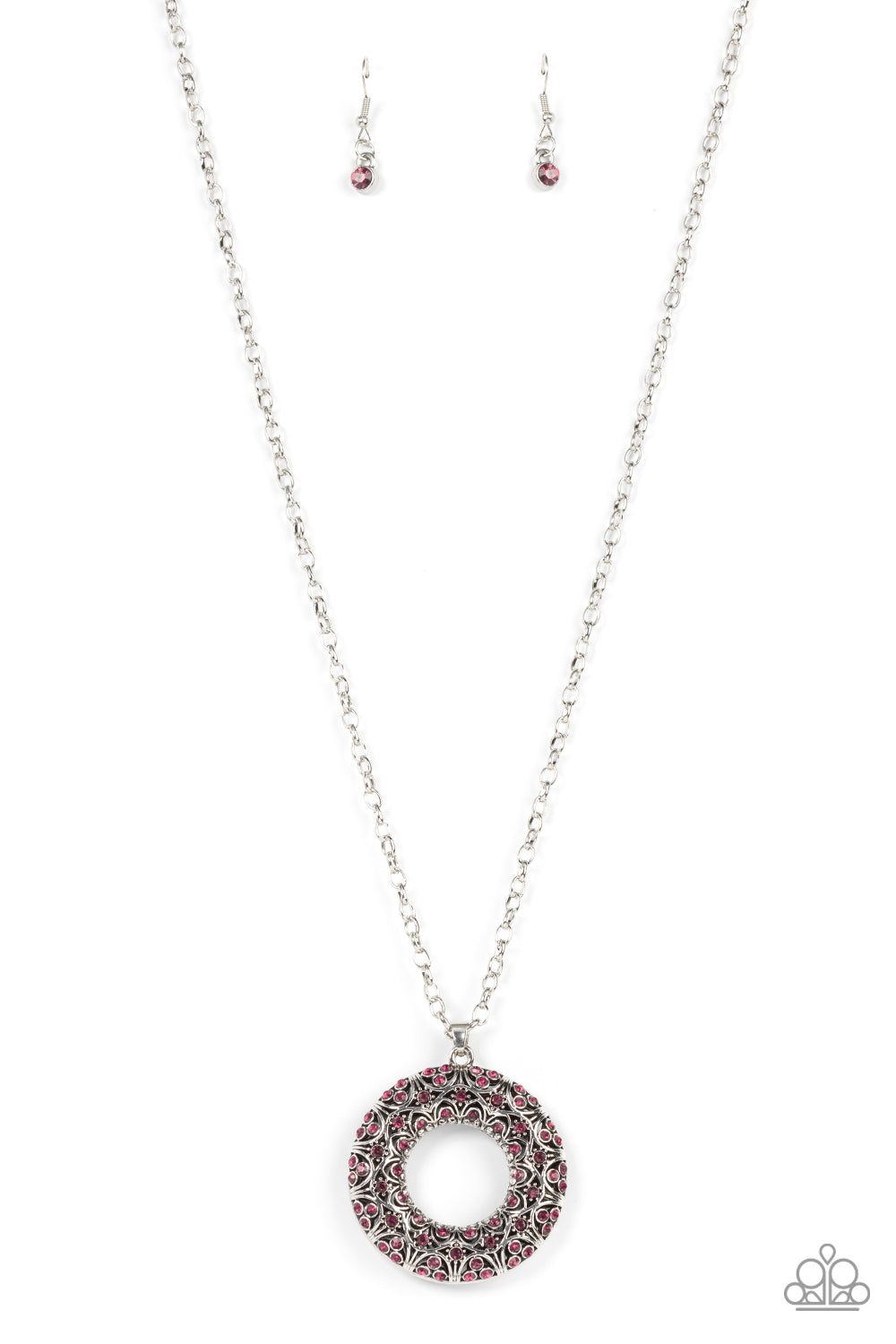 Wintry Wreath - Pink and Silver Necklace - Paparazzi Accessories - Dotted with glittering pink rhinestones and filled with frilly silver filigree accents, an oversized silver wreath sparkles from the bottom of an extended silver chain for a whimsical fashion.