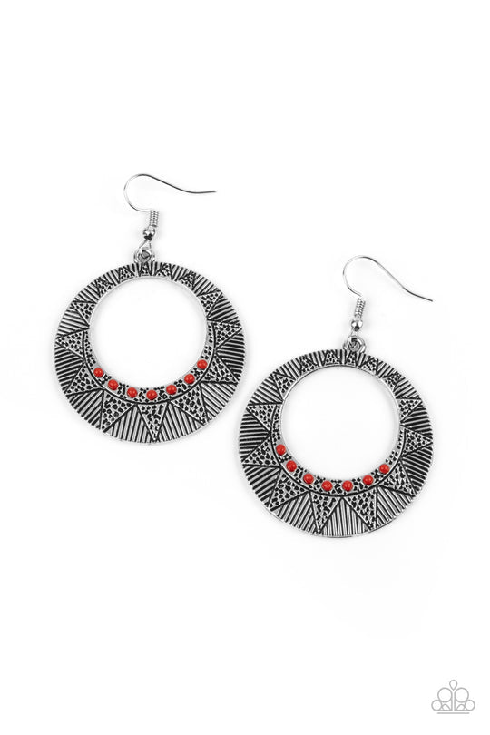 Adobe Dusk - Red and Silver Earrings - Paparazzi Accessories - Dainty red beads, a radiant sunburst pattern is stamped across a silver hoop for a colorfully seasonal look. Earring attaches to a standard fishhook fitting. 