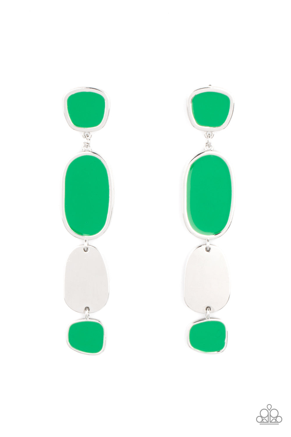 All Out Allure - Green and Silver Earrings - Paparazzi Accessories - 
Painted in a shiny Mint finish, asymmetrical frames attach to a single silver frame, creating an abstract lure. Earring attaches to a standard post fitting.
Sold as one pair of post earrings.
