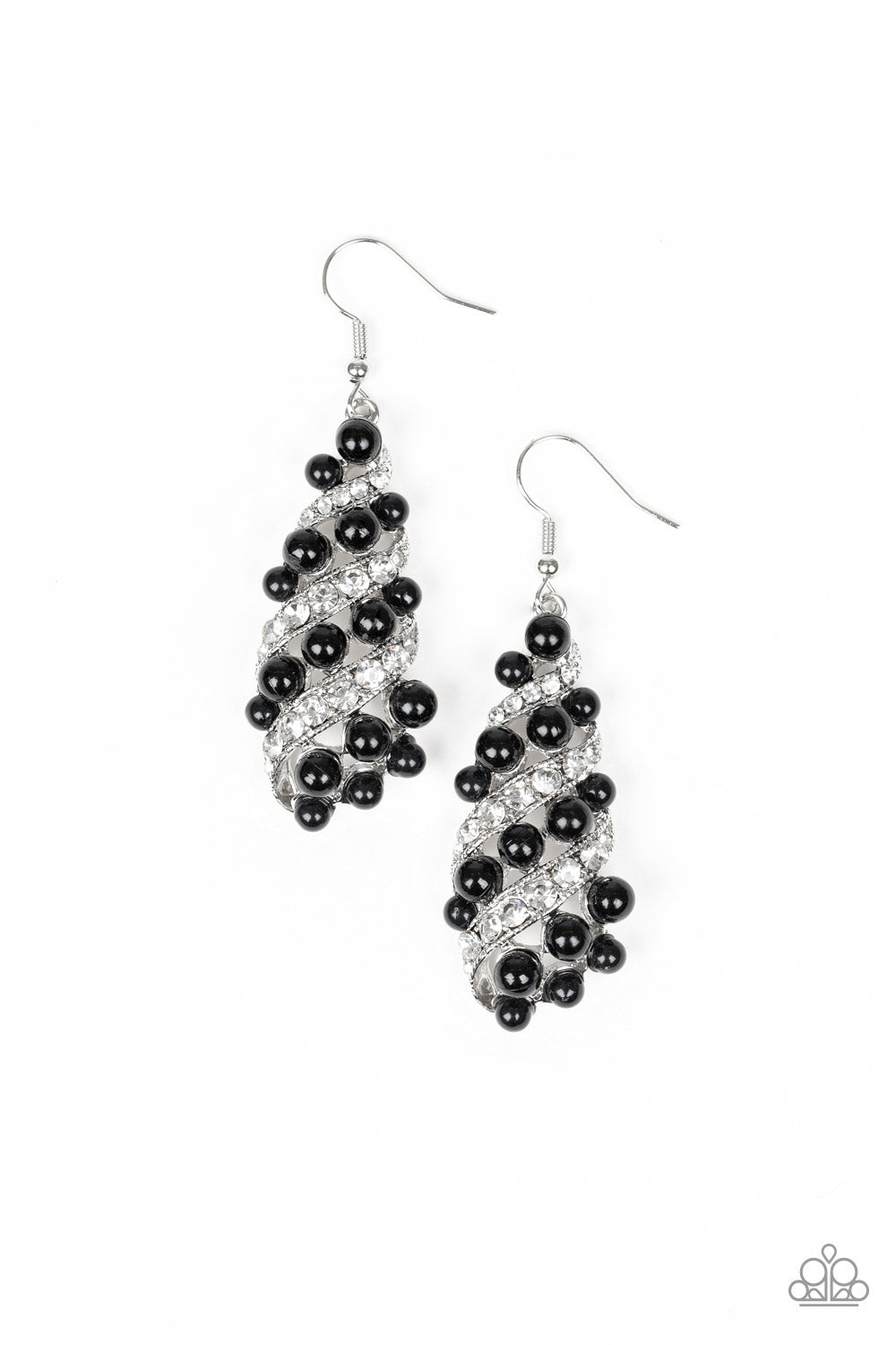 Ballroom Waltz - Black and Silver Fashion Earrings - Paparazzi Accessories - White rhinestone encrusted ribbons wrap around a shiny black beaded teardrop frame for a timeless look. Earring attaches to a standard fishhook fitting.