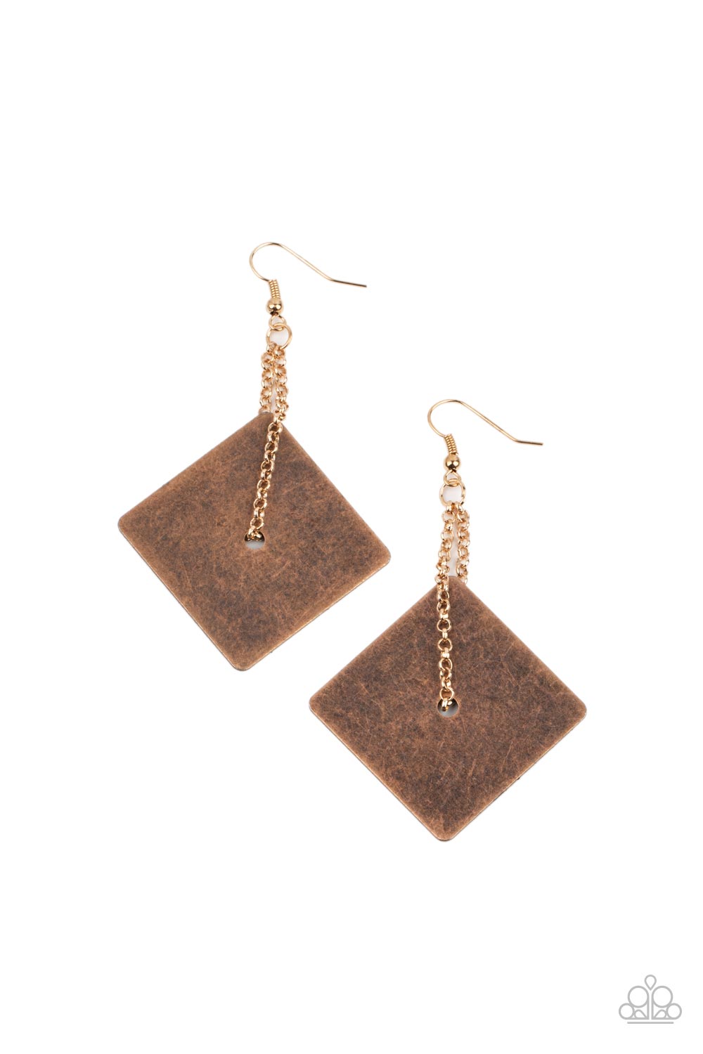 Block Party Posh - Copper Earrings - Paparazzi Accessories - A dainty chain is threaded through the center of a flat square antiqued copper frame, looping into an edgy lure.