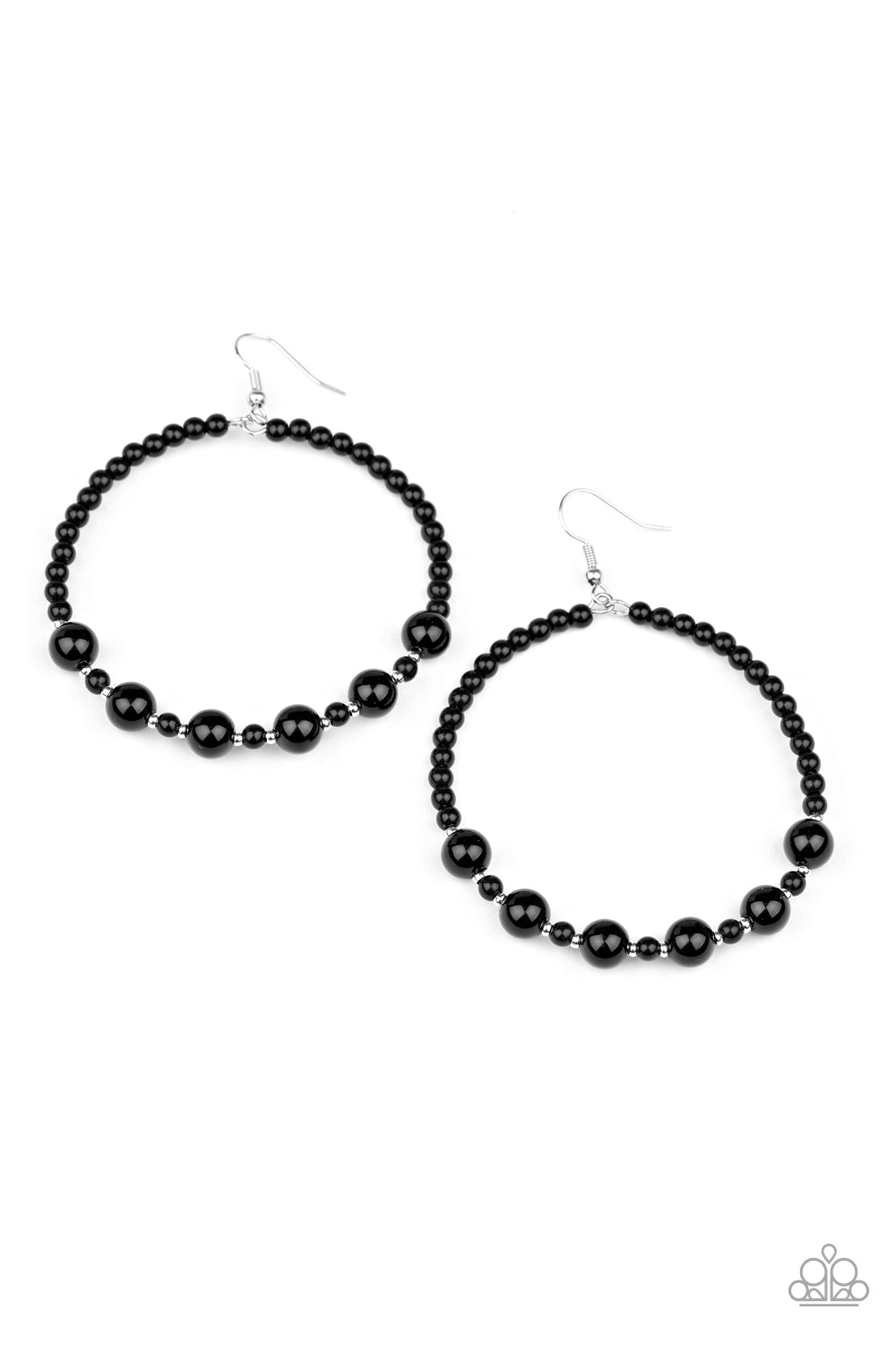 Boss Posh - Black and Silver Earrings - Paparazzi Jewelry - Bejeweled Accessories By Kristie - Varying in shape and size, a bubbly array of polished black beads and dainty silver accents glide along a wire hoop for a classy finish. Earring attaches to a standard fishhook fitting. Sold as one pair of earrings.