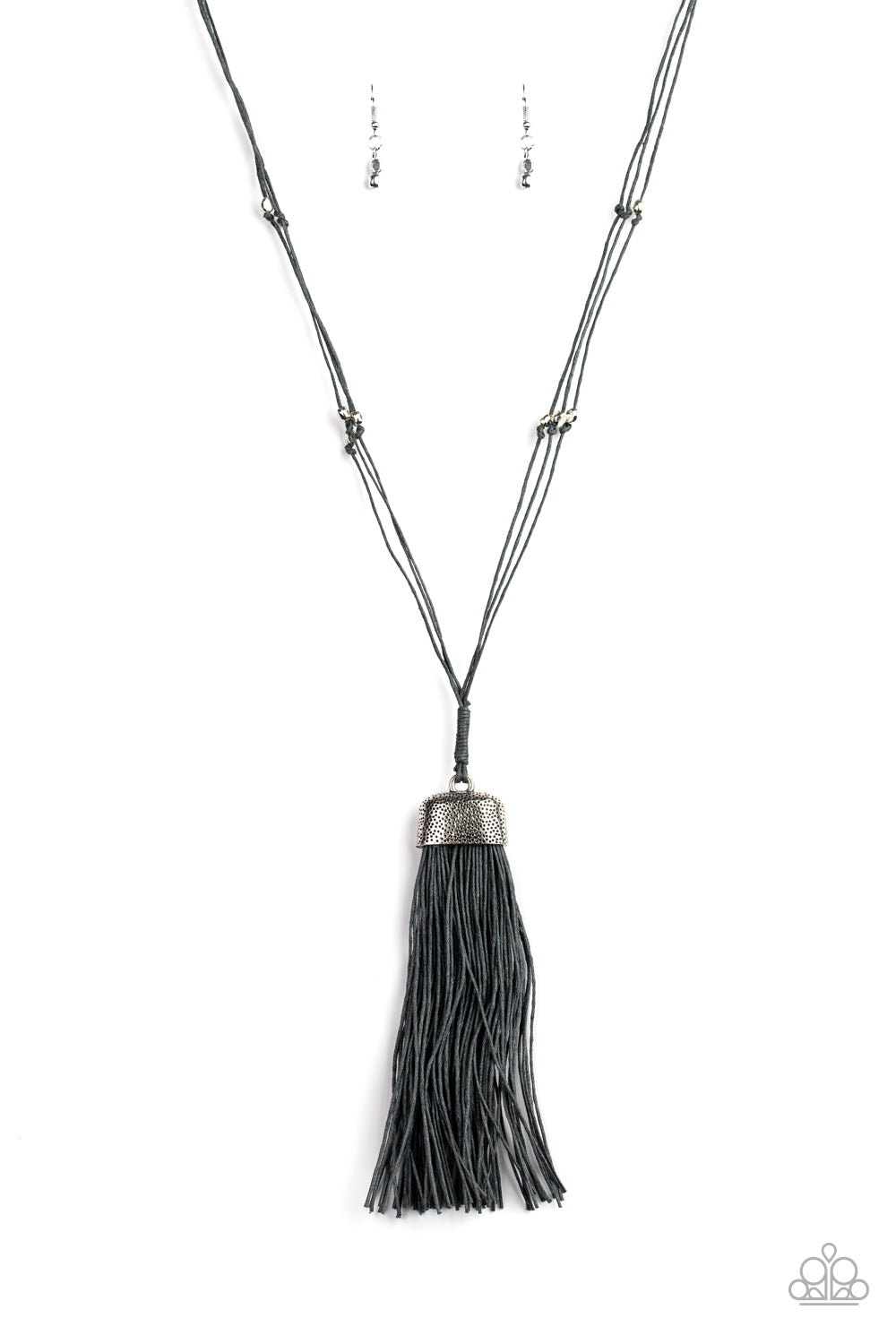 Brush It Off - Silver Necklace - Paparazzi Accessories - A plume of gray cording flares out from the bottom of a hammered silver fitting, creating an edgy tassel at the bottom of lengthened gray cords dotted in antiqued silver beads. Features an adjustable clasp closure. Sold as one individual necklace.