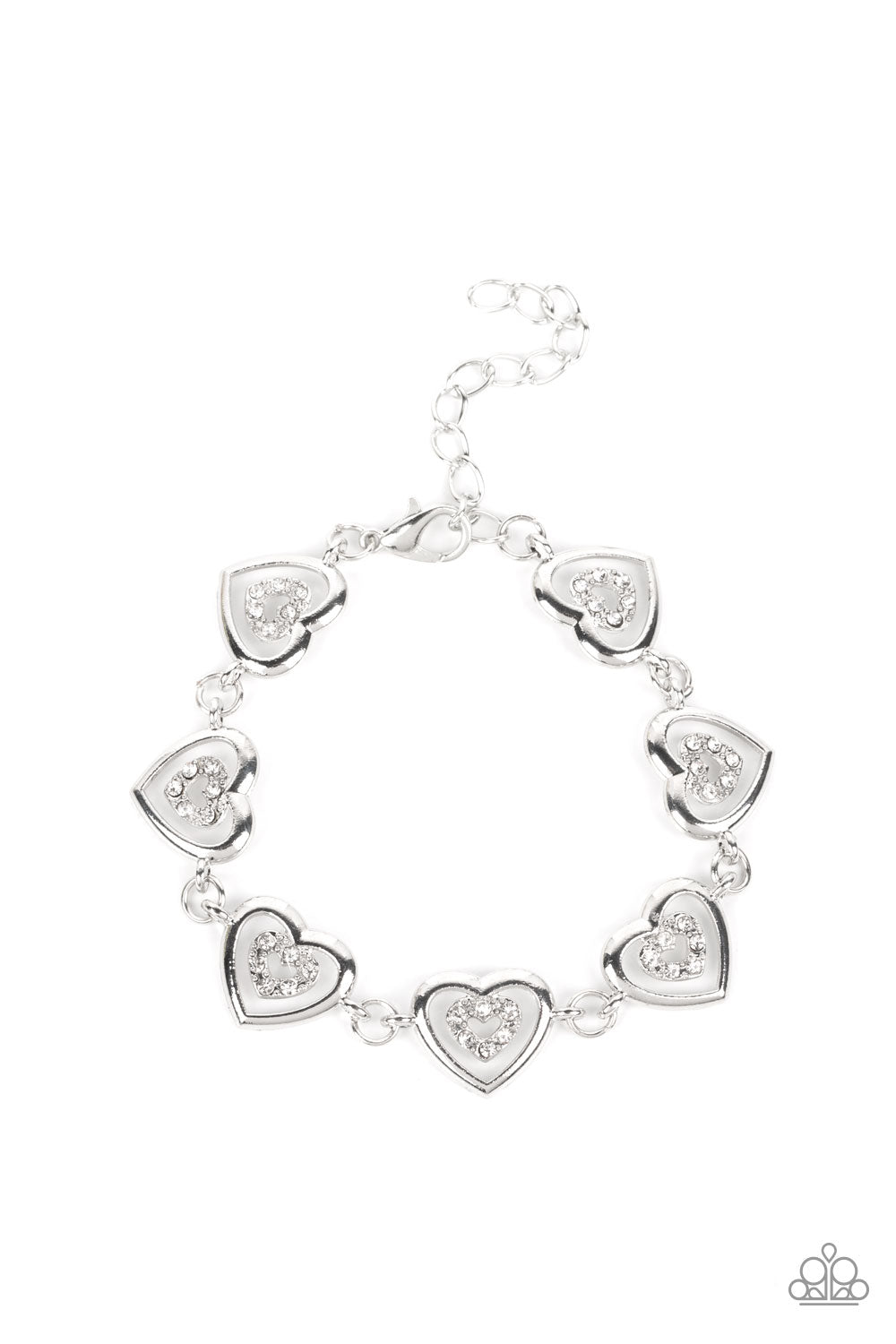 Catching Feelings - White and Silver Heart Bracelet - Paparazzi Accessories - Dotted with dainty white rhinestones, airy silver heart silhouettes are affixed to the points of larger silver heart frames. The two dimensional heart frames link together around the wrist in a flirtatious finish. Features an adjustable clasp closure. Sold as one individual bracelet.