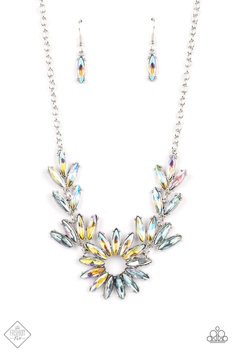 Celestial Cruise - Iridescent Multi Gem Necklace - Paparazzi Accessories - oblong marquise cuts, a collection of iridescent gems join into leafy frames below the collar. Radiating with the same iridescent intensity, even more stellar rhinestones fan out into a circular focal point, resulting in a celestial centerpiece. Features an adjustable clasp closure.