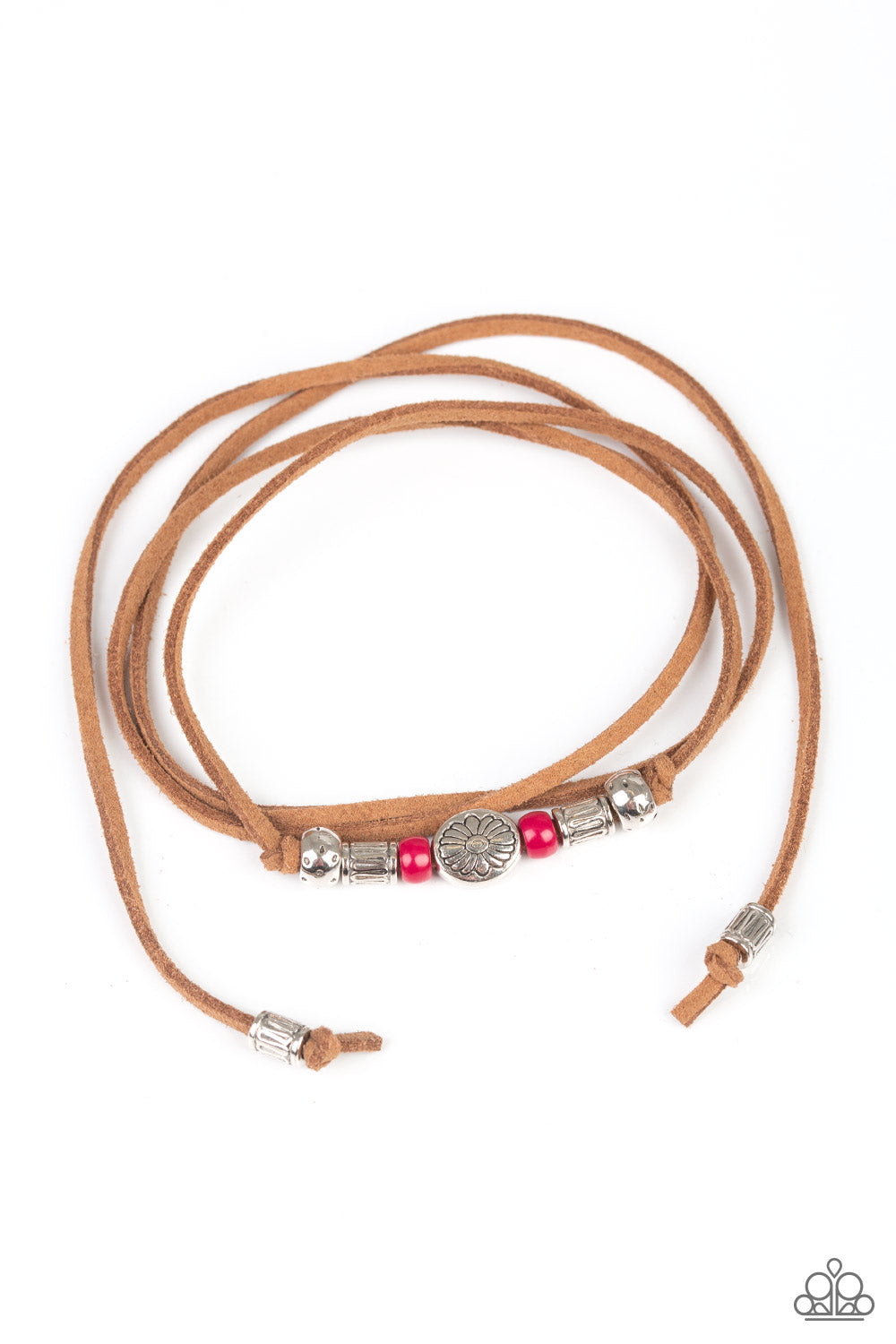 Clear A Path - Pink and Brown Suede Bracelet - Paparazzi Accessories - An array of pink and silver beads are knotted in place along elongated suede cording for a wanderlust fashion. To secure bracelet, tie ends in place around the wrist at desired length. Sold as one individual bracelet.