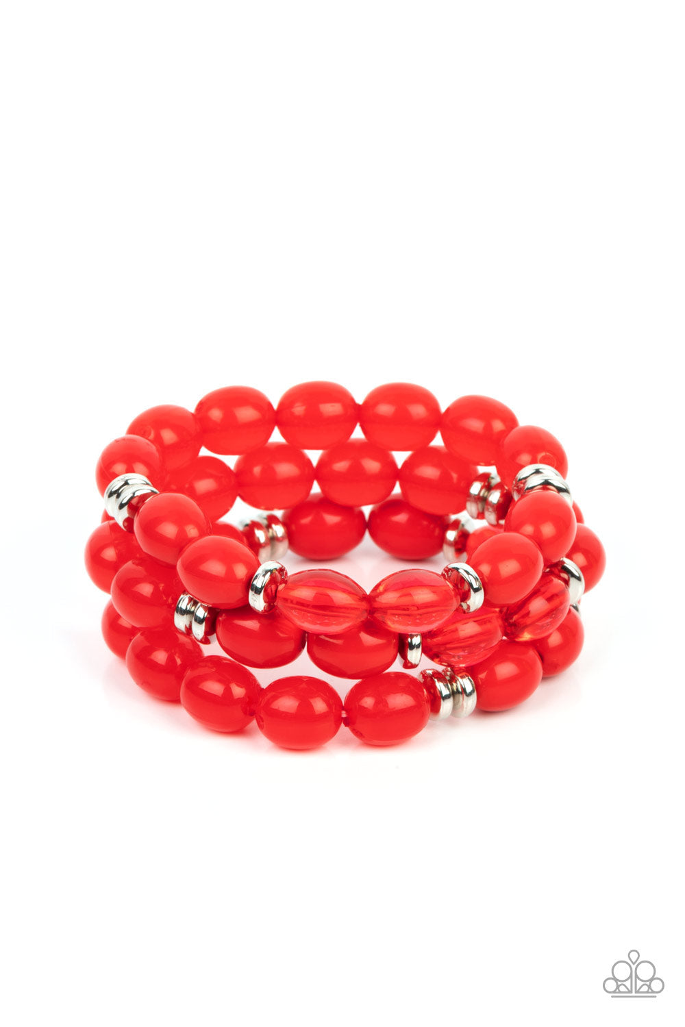 Coastal Coastin - Red Stretchy Bracelets - Paparazzi Accessories - Infused with silver accents, rows of glassy, opaque and acrylic red beads are threaded along stretchy bands around the wrist, resulting in fiery layers.