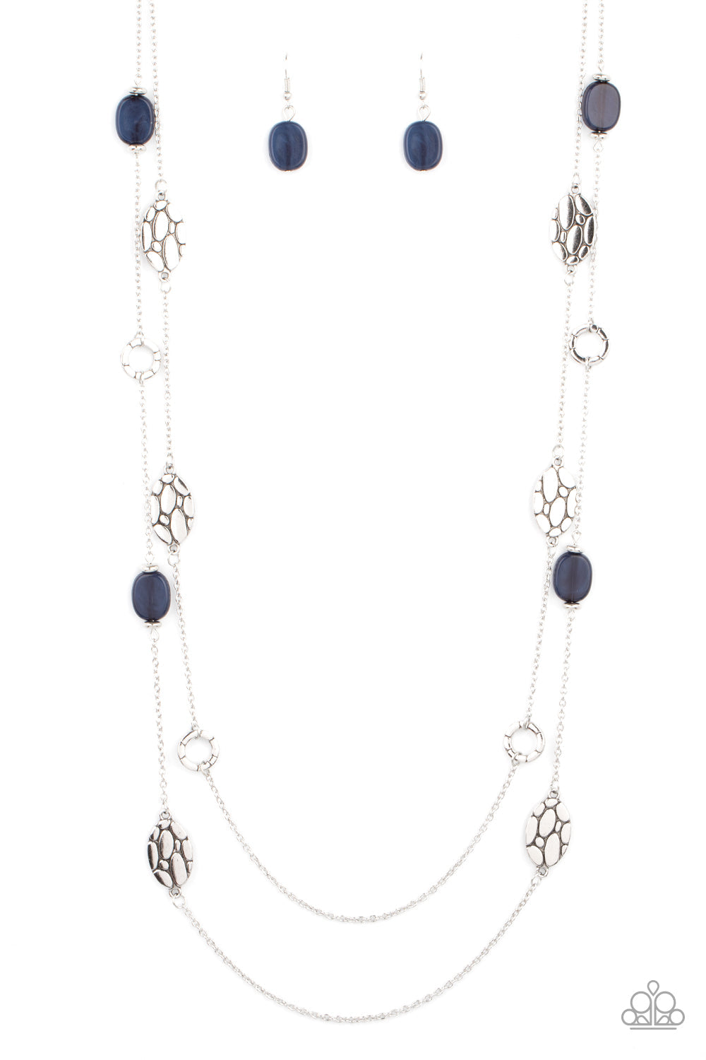 ​Cobble Creeks - Blue and Silver Fashion Necklace - Paparazzi Accessories - Textured silver links alternate between glassy blue accents and cobblestone patterned silver discs along two shimmery chains, creating whimsical layers across the chest. Features an adjustable clasp closure.