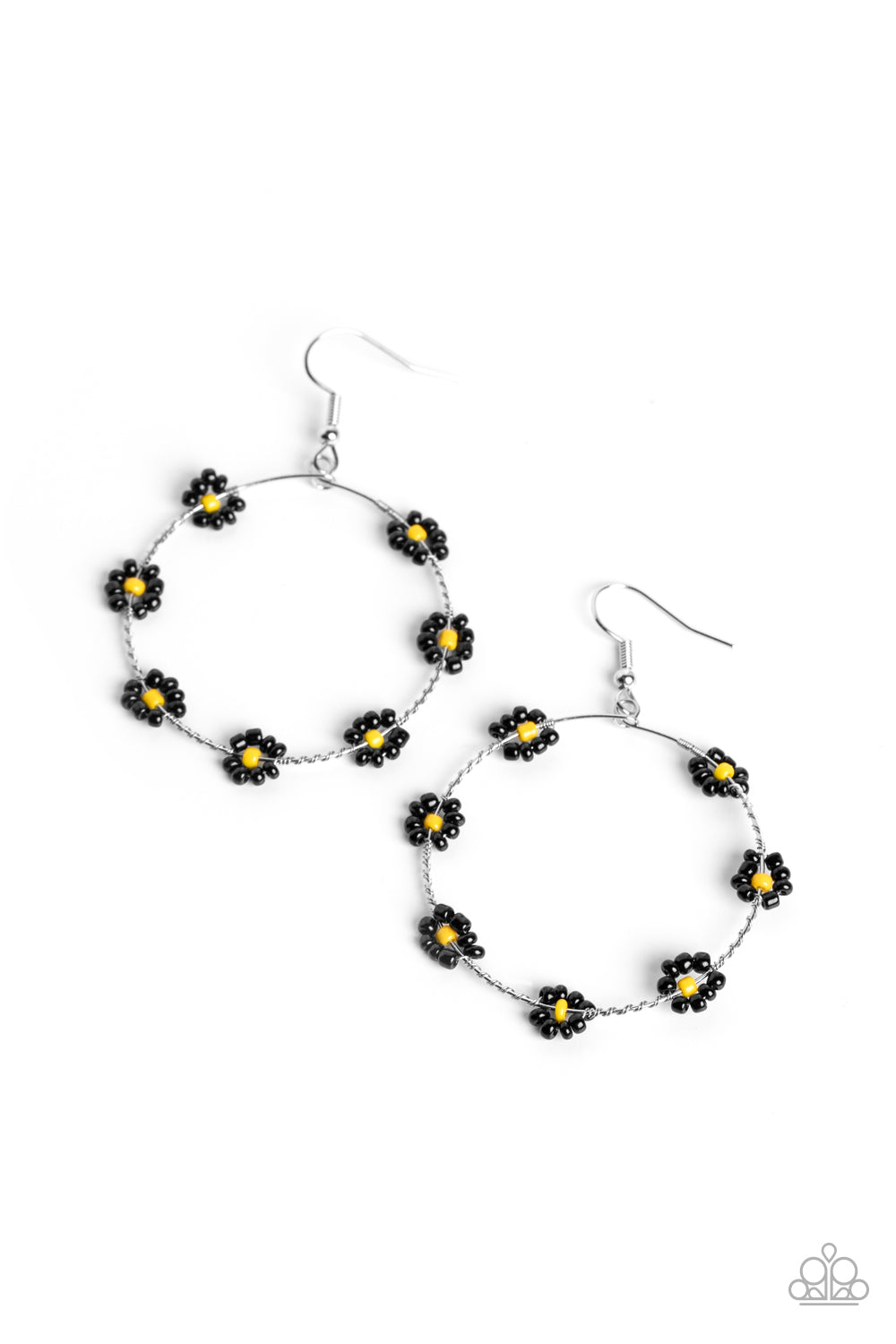 Dainty Daisies - Black and Yellow Earrings - Paparazzi Accessories - Dotted with yellow seed beaded centers, a dainty collection of black seed beaded floral frames are threaded along a dainty, serrated wire hoop for a fabulous floral fashion earrings.