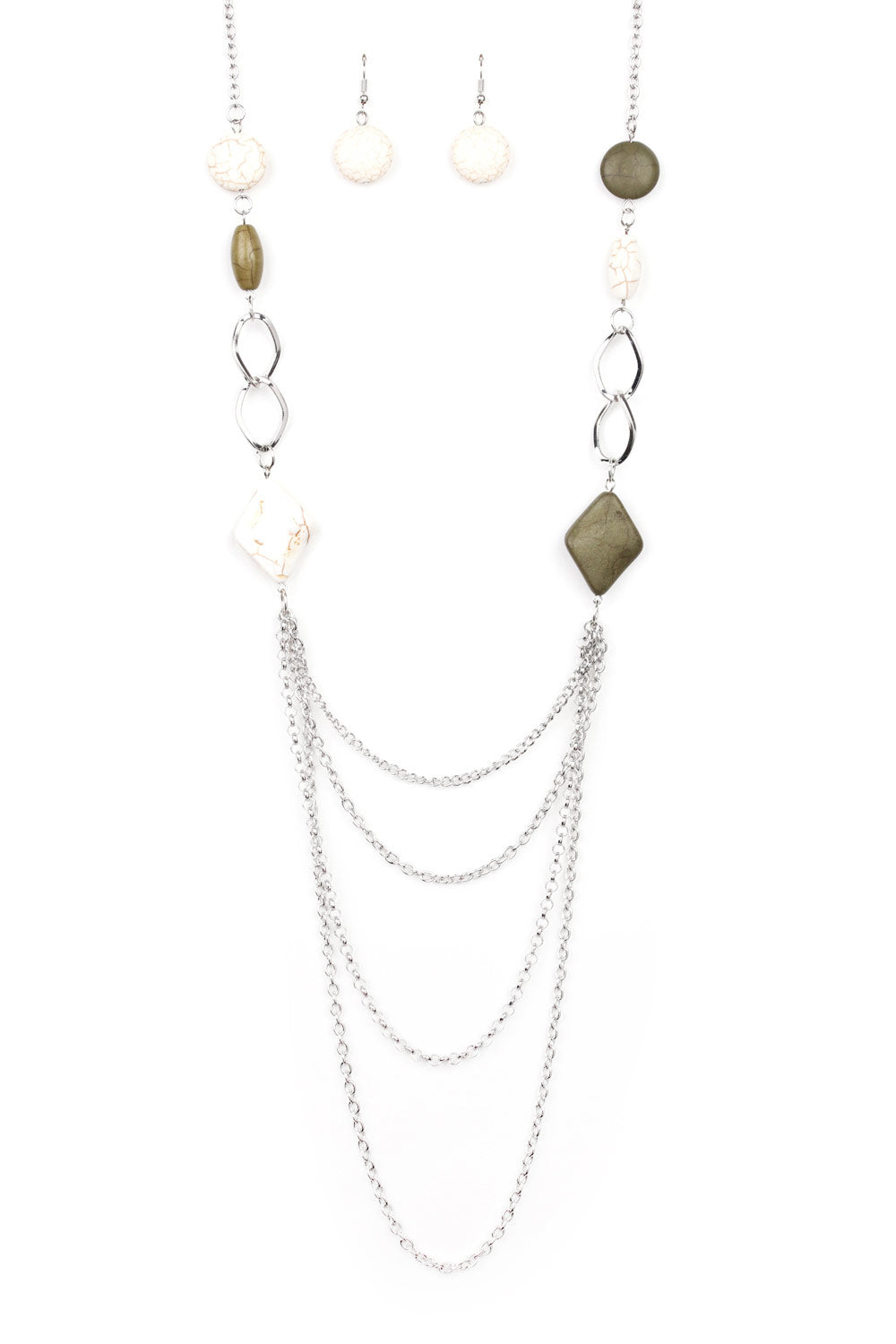 Desert Dawn - Multi Necklace - Paparazzi Accessories - Mismatched green and white stone beads and angular silver hoops give way to layers of shimmery silver chains down the chest for a seasonal look. Features an adjustable clasp closure.  Sold as one individual necklace.