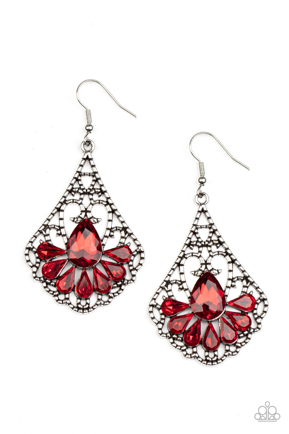 Exemplary Elegance - Red and Silver Earrings - Paparazzi Accessories - A sparkly collection of fiery red teardrop rhinestones fan out across the bottom of a textured filigree filled teardrop frame, creating an elegant centerpiece. Earring attaches to a standard fishhook fitting. Sold as one pair of earrings.