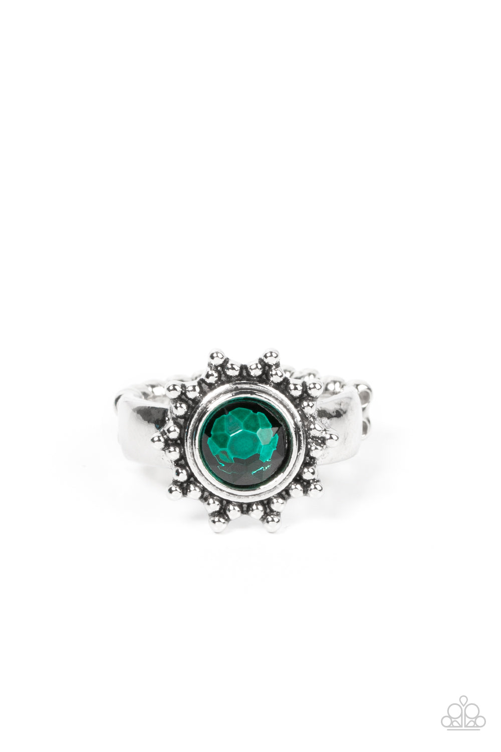 Expect Sunshine and REIGN - Green and Silver Ring - Paparazzi Accessories - Dainty silver studs radiate out from an oversized green rhinestone center, resulting into a radiant sunburst frame atop the finger. Features a dainty stretchy band for a flexible fit. Sold as one individual ring.