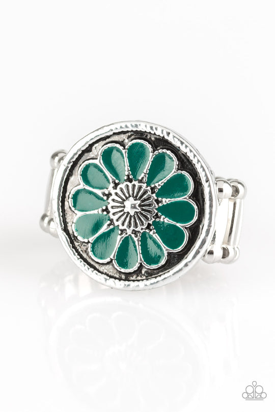 Garden View - Quetzal Green and Silver Floral Ring - Paparazzi Accessories - Refreshing Quetzal Green petals spin into a whimsical floral pattern atop the finger. Features a stretchy band for a flexible fit.