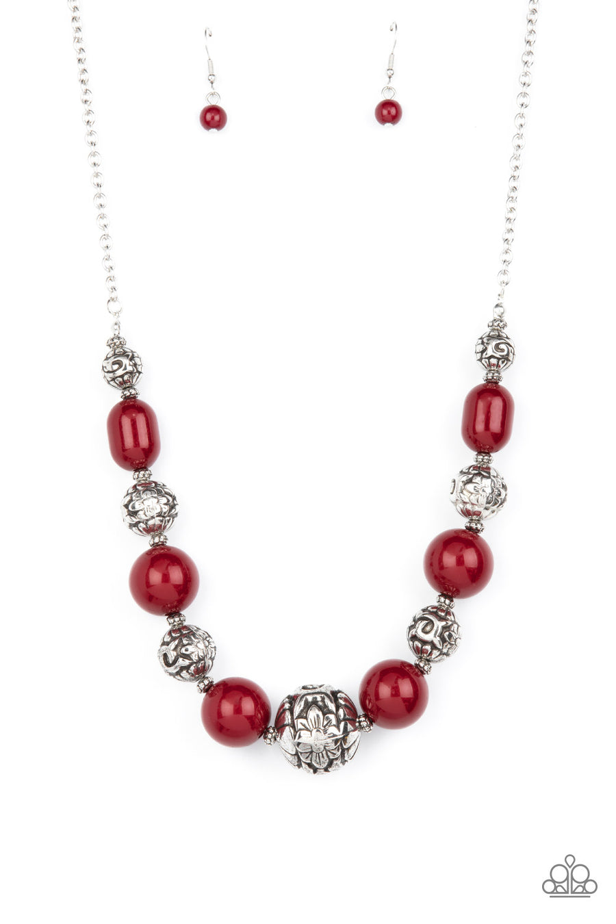 Girl Meets Garden - Wine and Silver Necklace - Paparazzi Accessories - An oversized collection of wine colored beads and antiqued silver beads wrapped in a whimsical floral motif alternates along an invisible wire below the collar, resulting in a hearty pop of color.